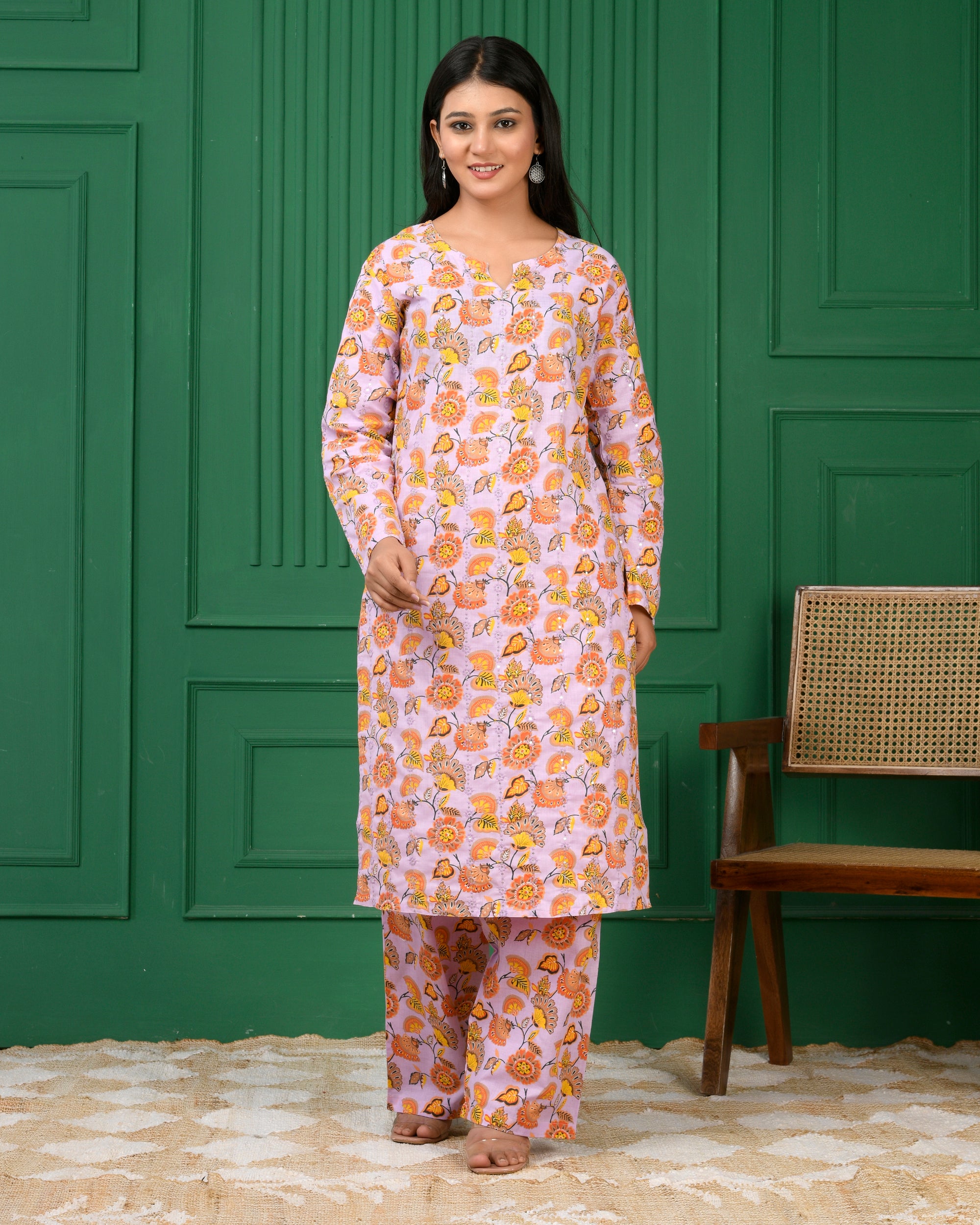Pure cotton floral print kurti & Plazo set - Purple