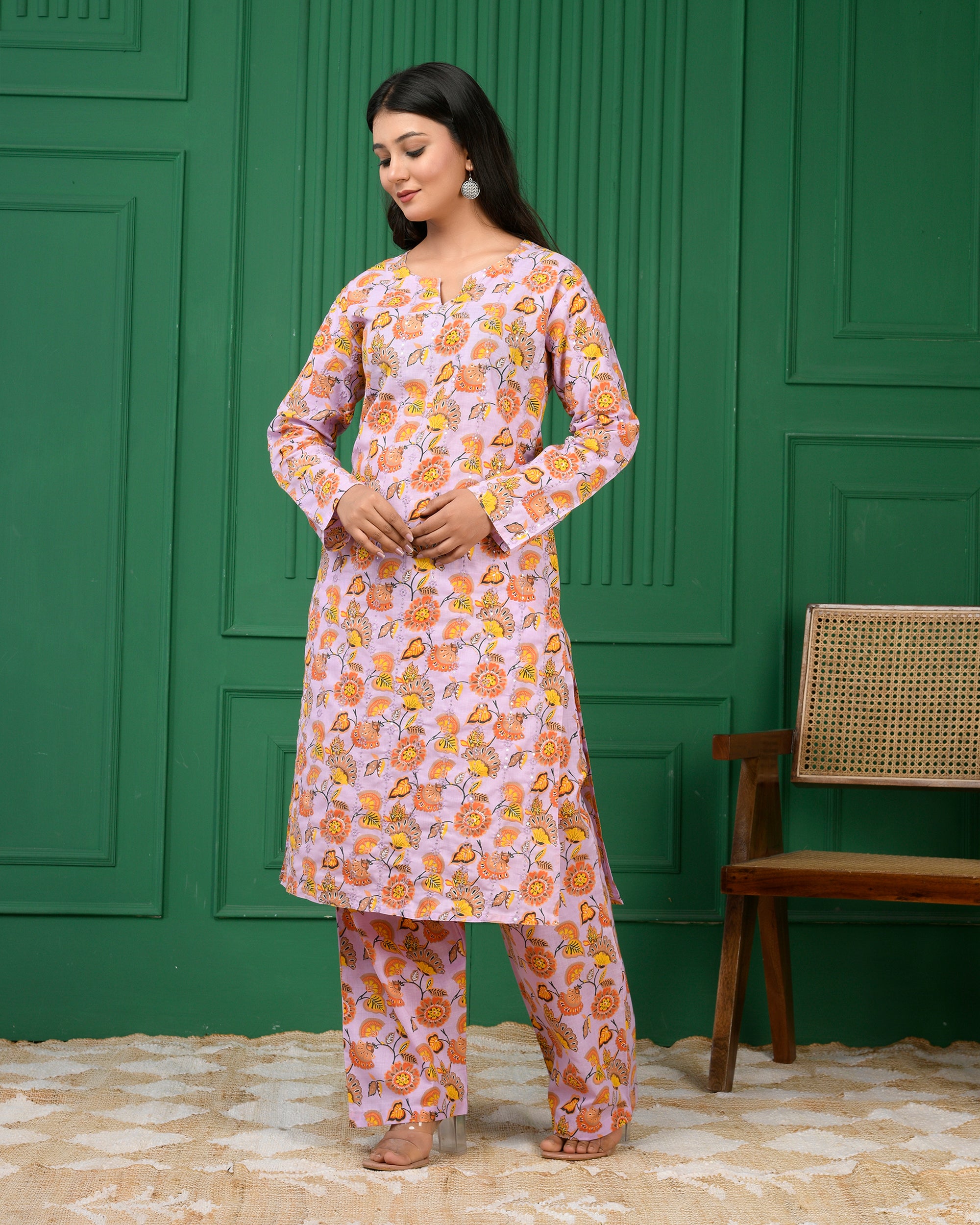Pure cotton floral print kurti & Plazo set - Purple
