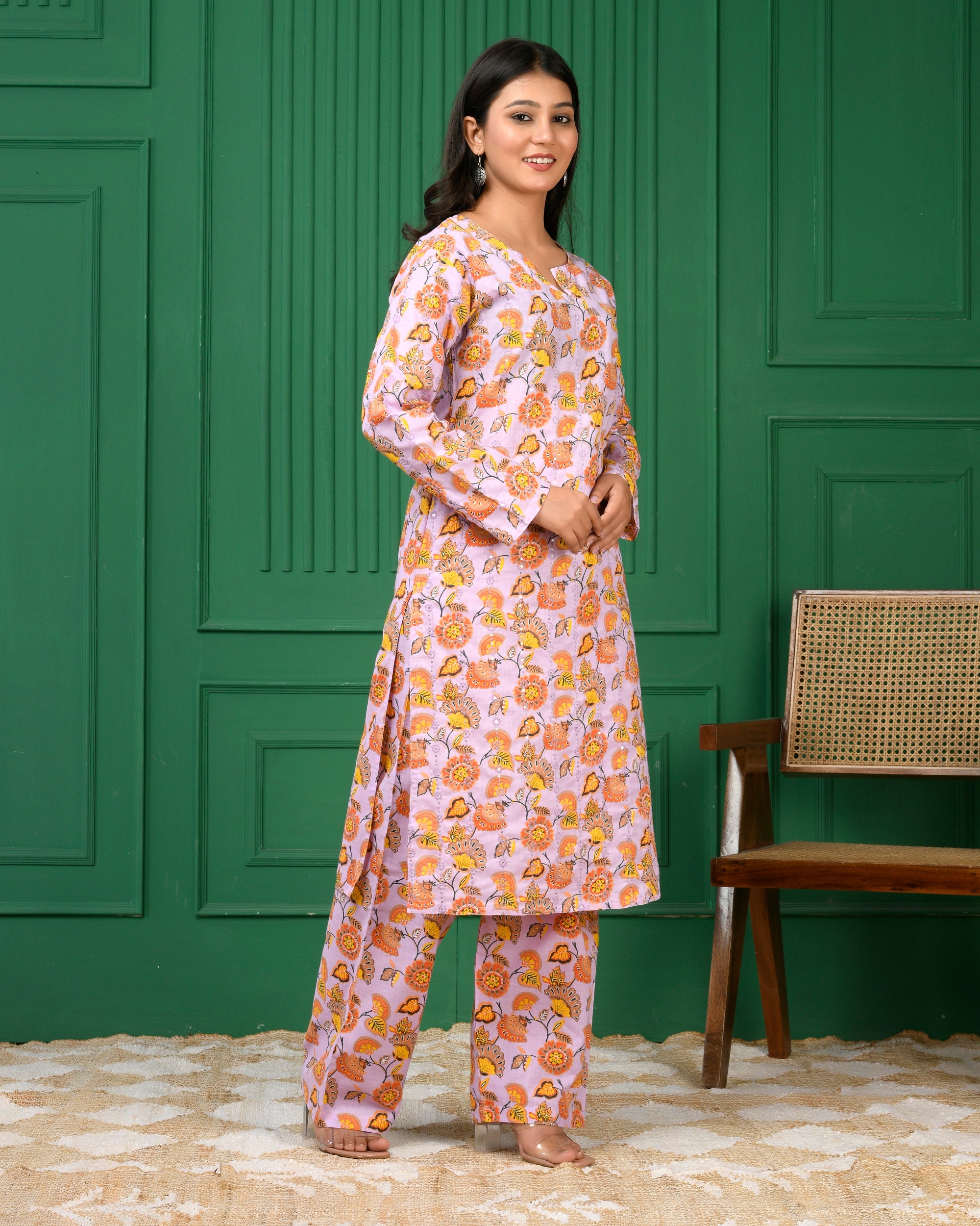 Pure cotton floral print kurti & Plazo set - Purple