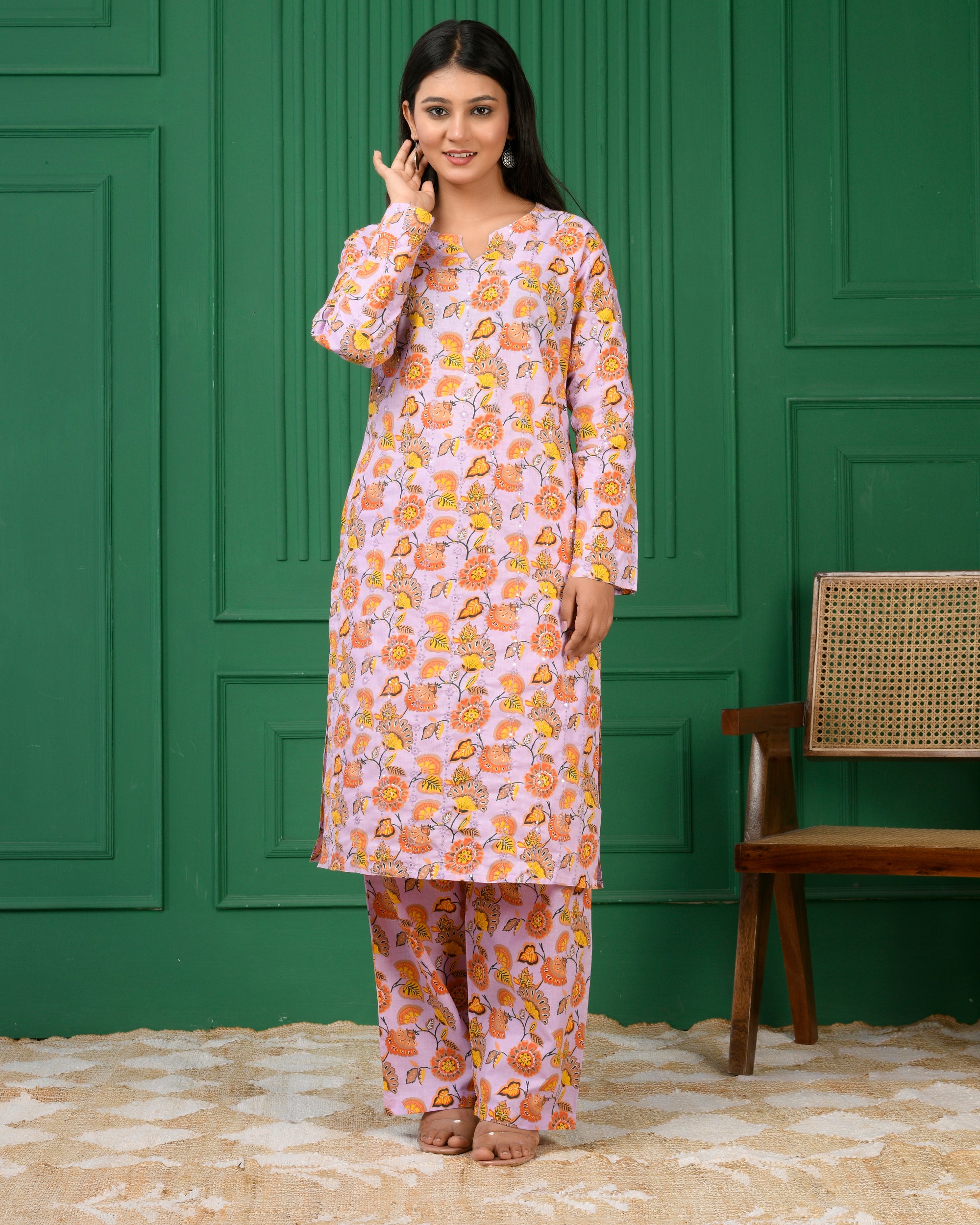 Pure cotton floral print kurti & Plazo set - Purple