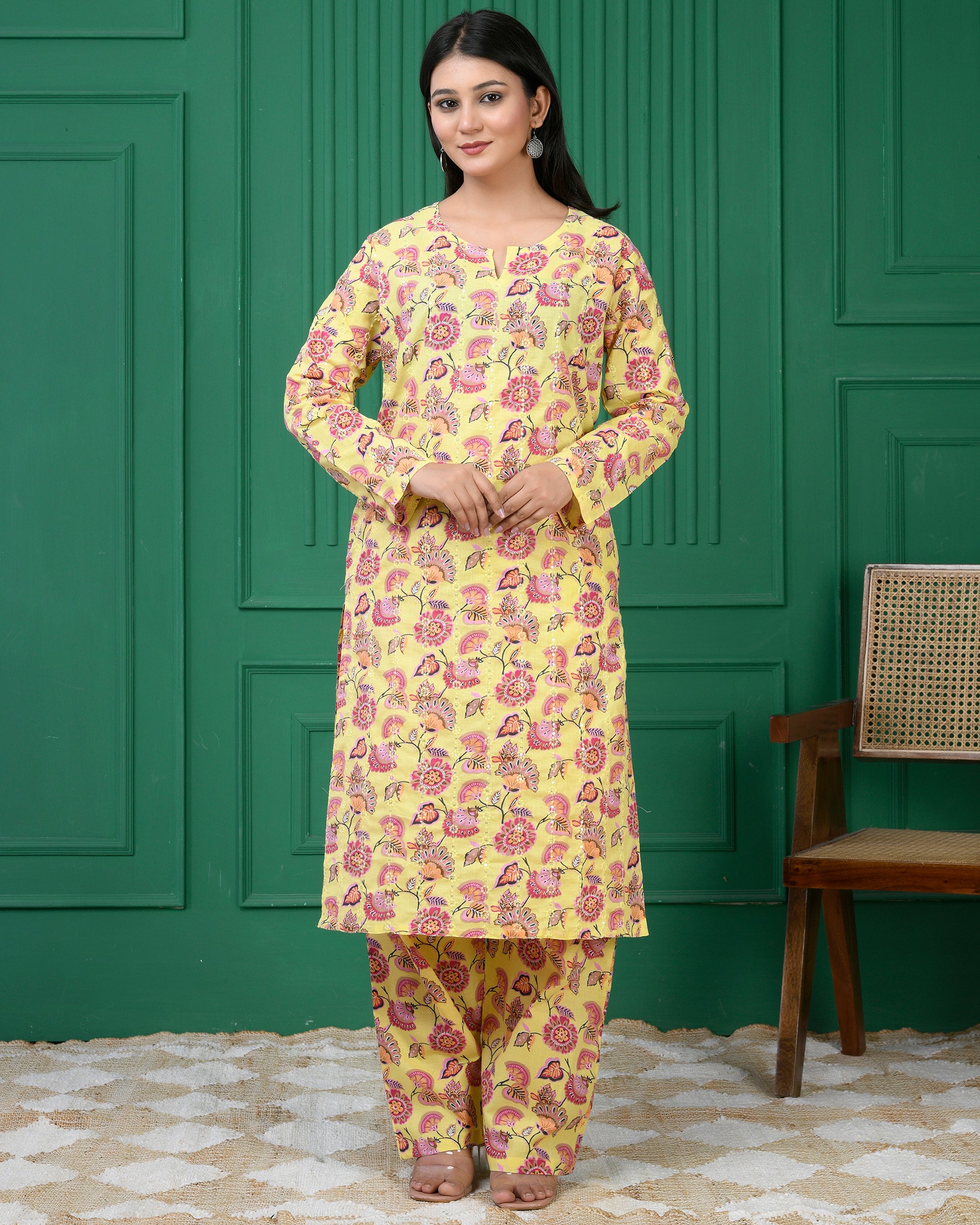 Pure cotton floral print kurti & Plazo set - Dark Yellow