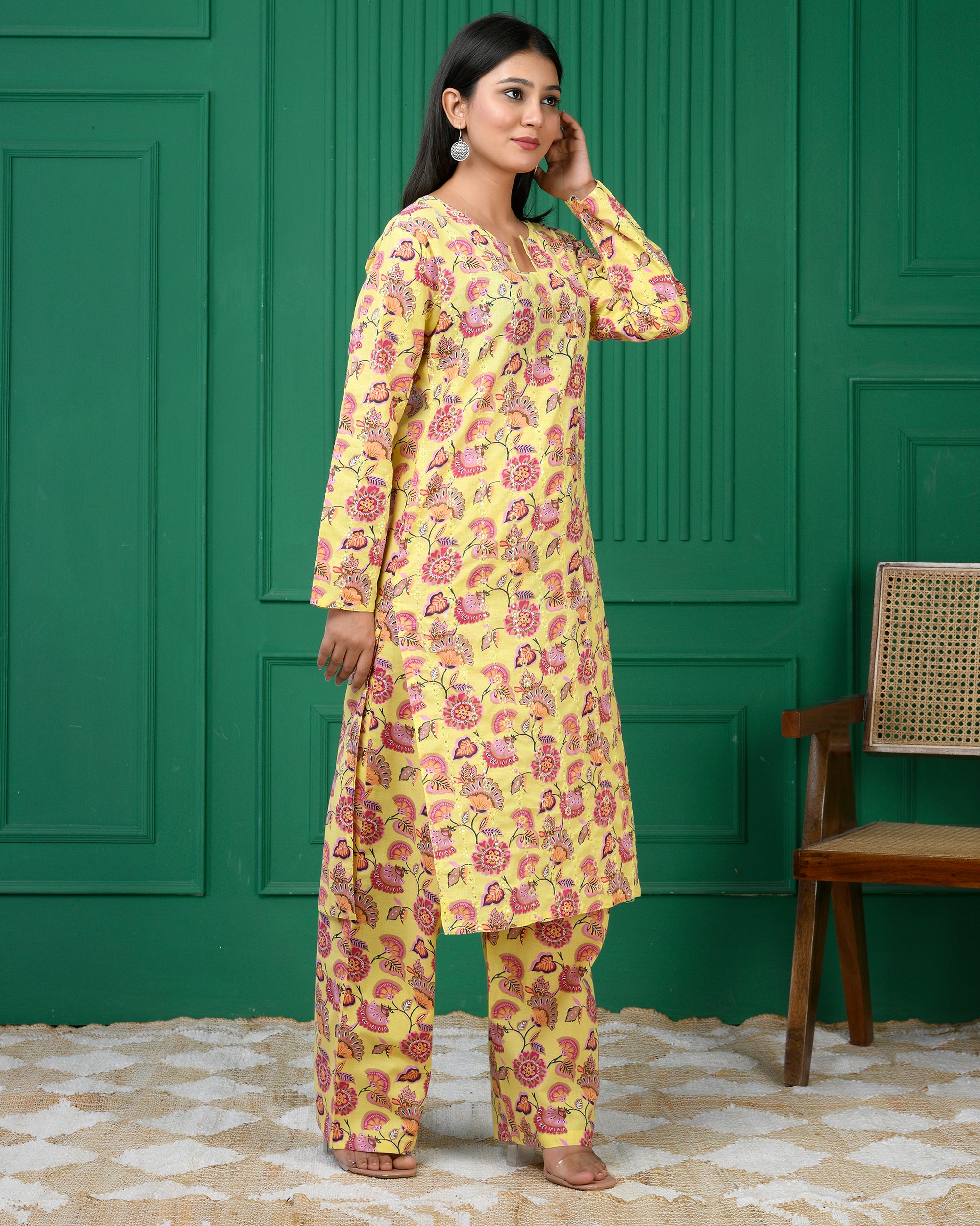 Pure cotton floral print kurti & Plazo set - Dark Yellow