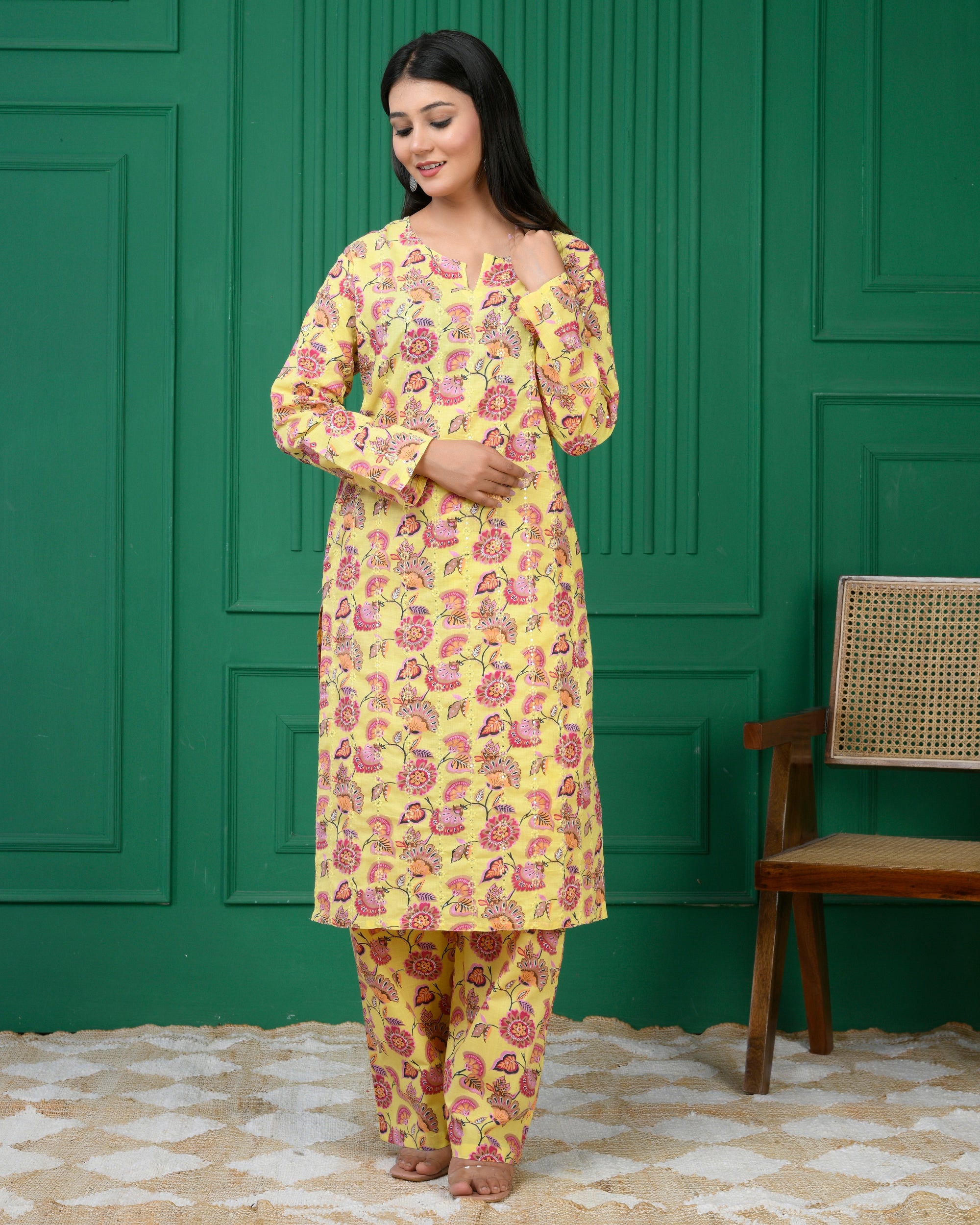 Pure cotton floral print kurti & Plazo set - Dark Yellow