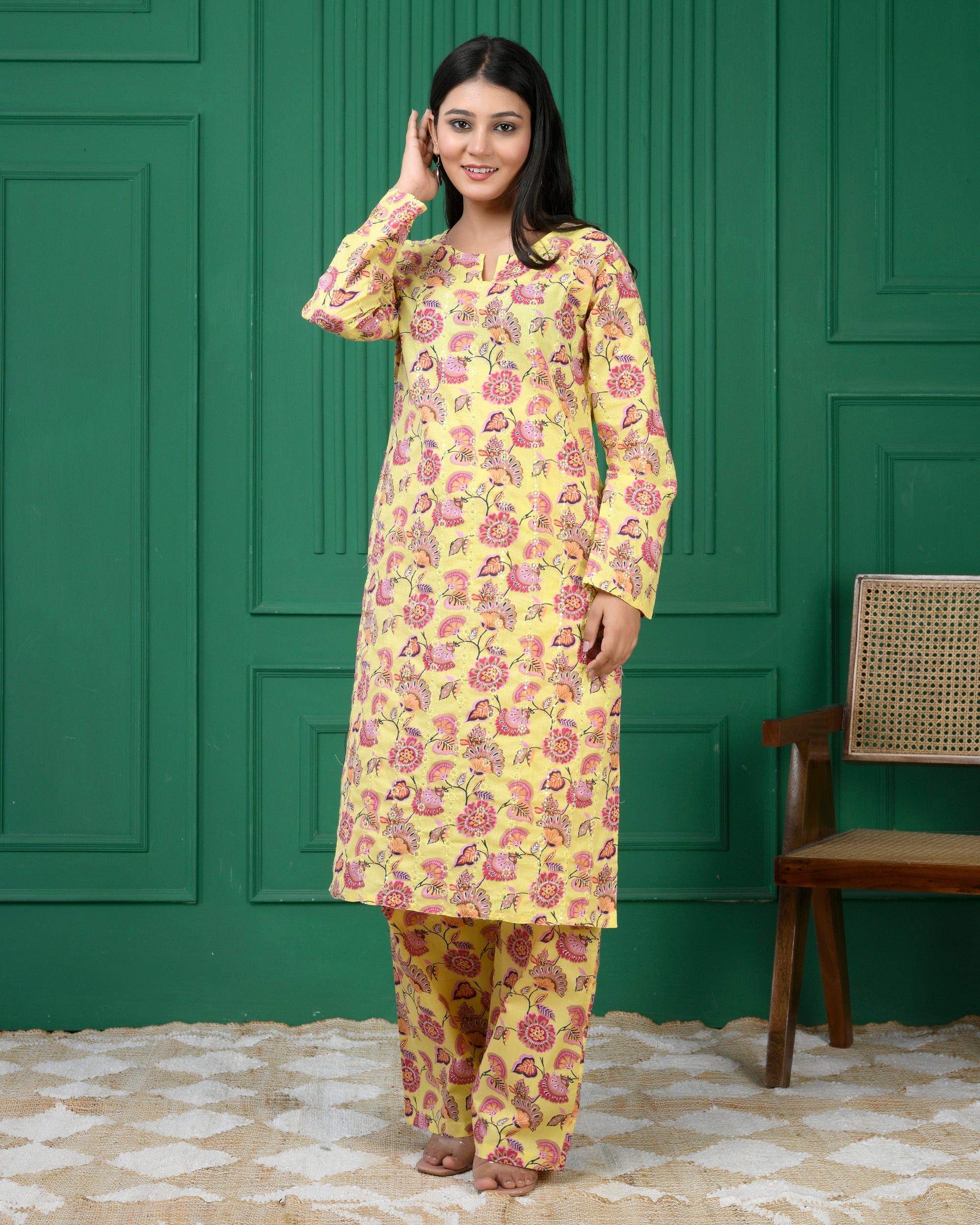 Pure cotton floral print kurti & Plazo set - Dark Yellow