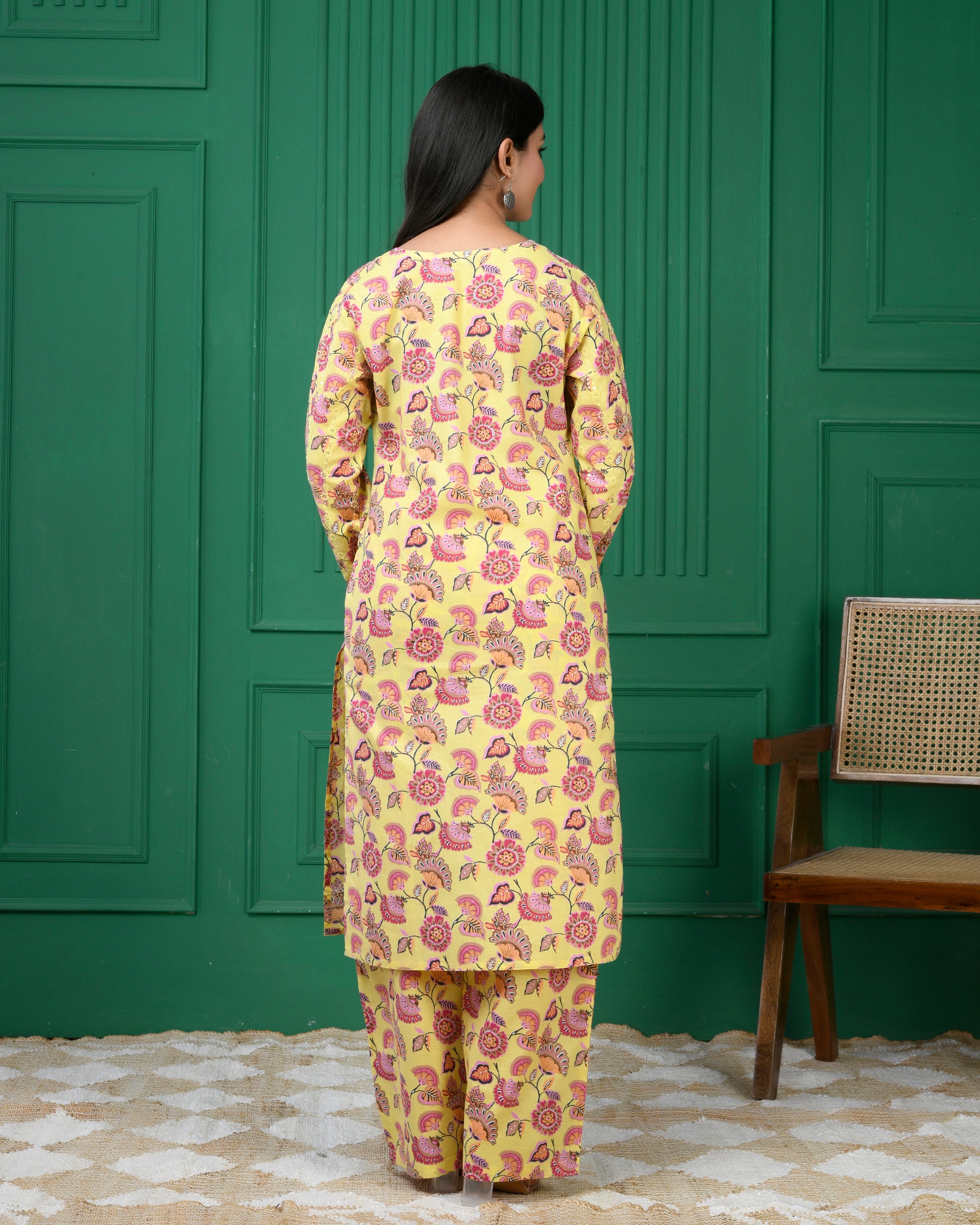 Pure cotton floral print kurti & Plazo set - Dark Yellow