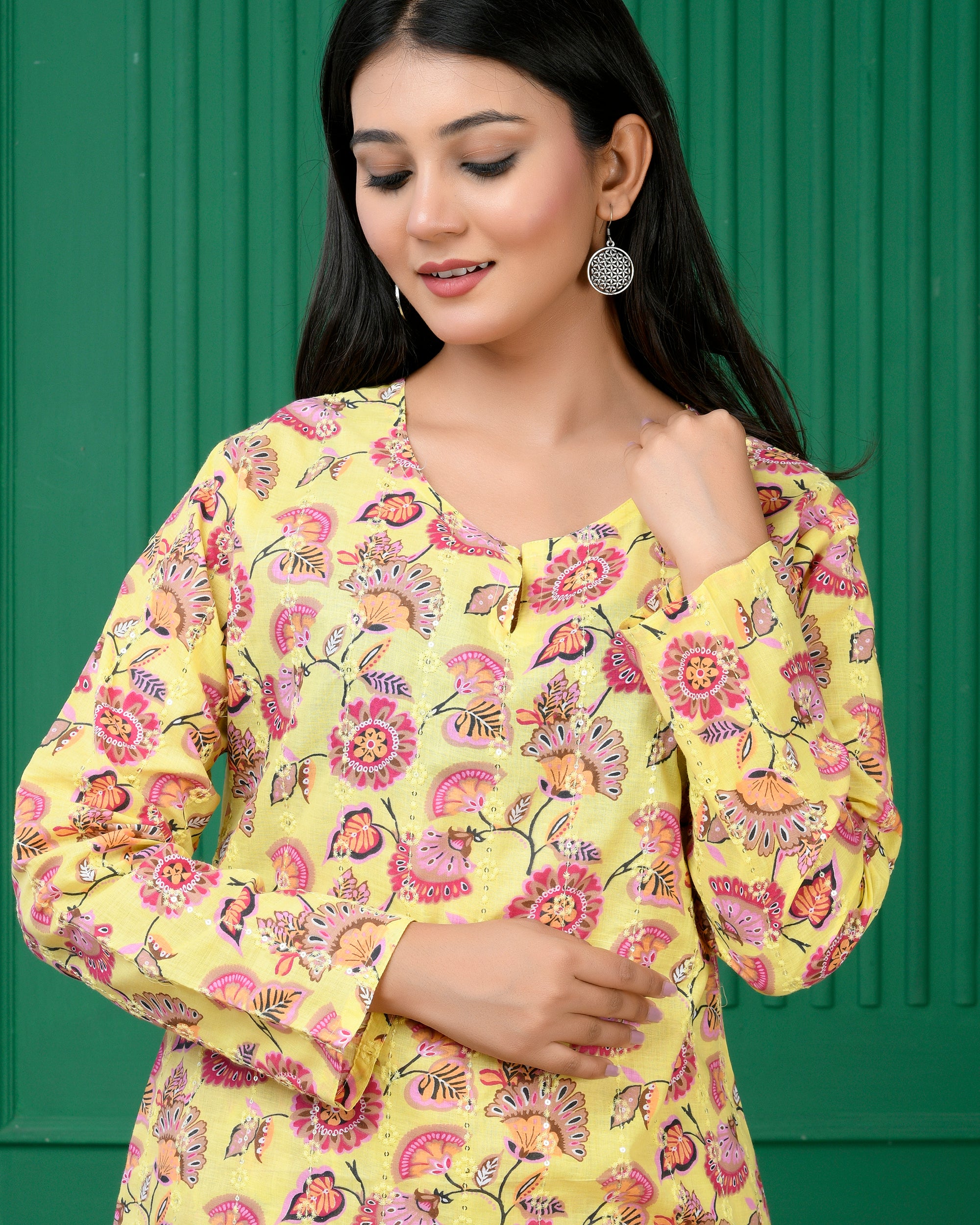 Pure cotton floral print kurti & Plazo set - Dark Yellow