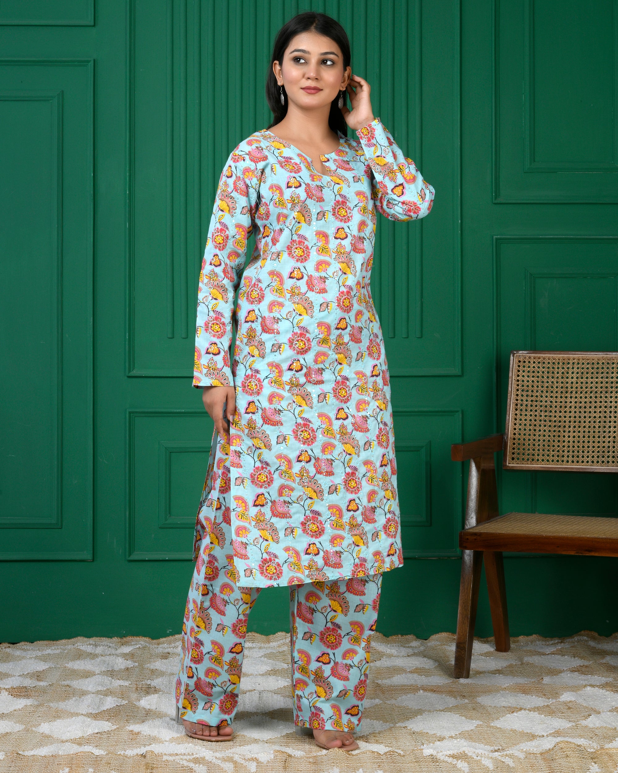 Pure cotton floral print kurti & Plazo set - C Green