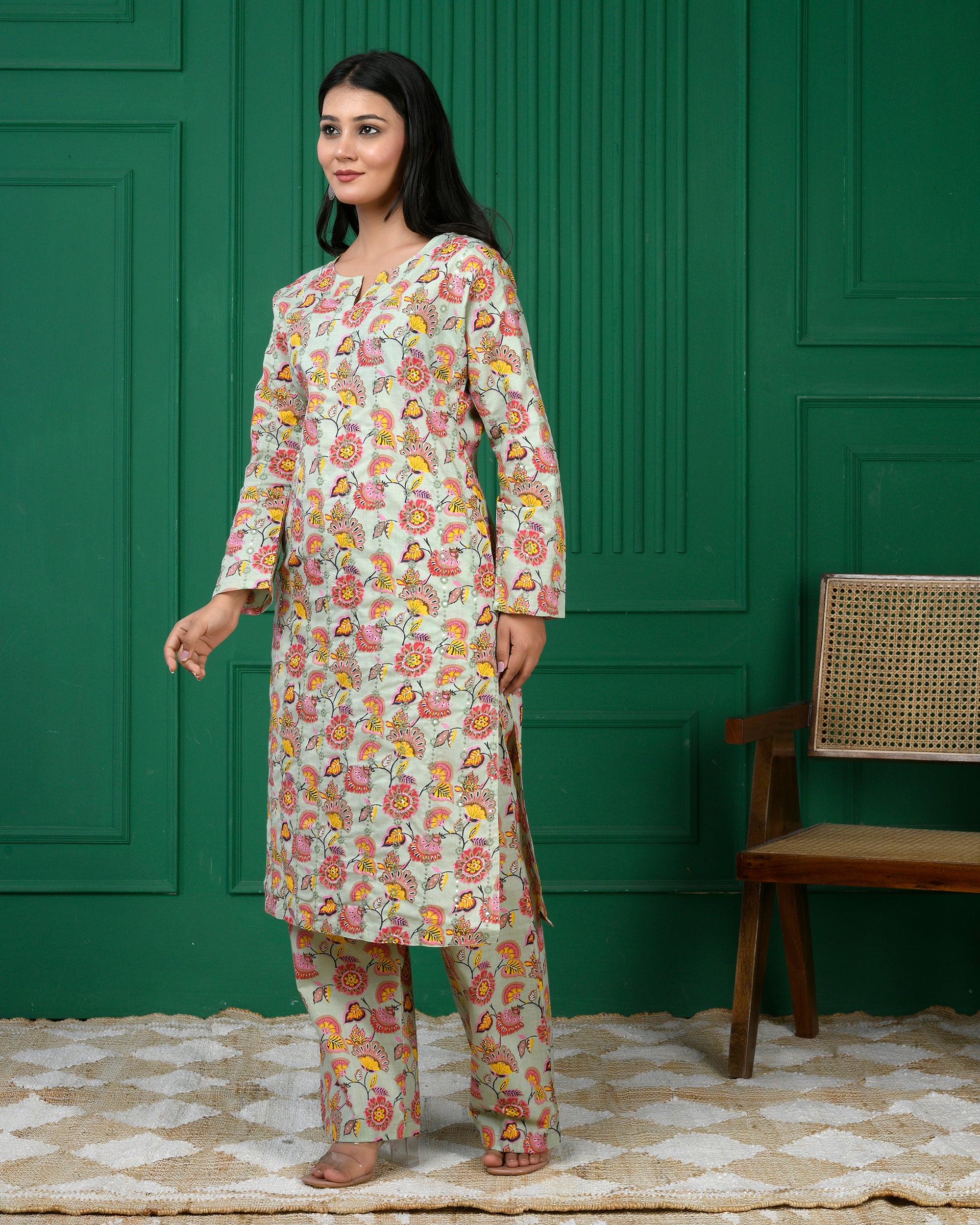 Pure cotton floral print kurti & Plazo set - Parrot Green