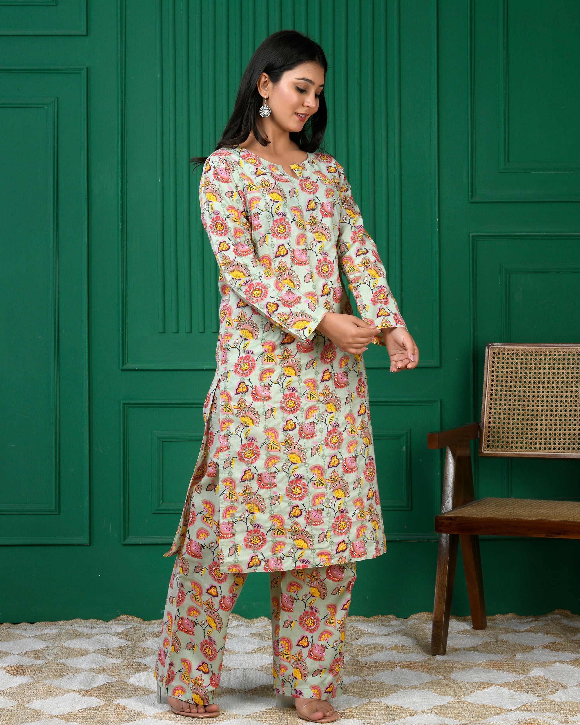 Pure cotton floral print kurti & Plazo set - Parrot Green