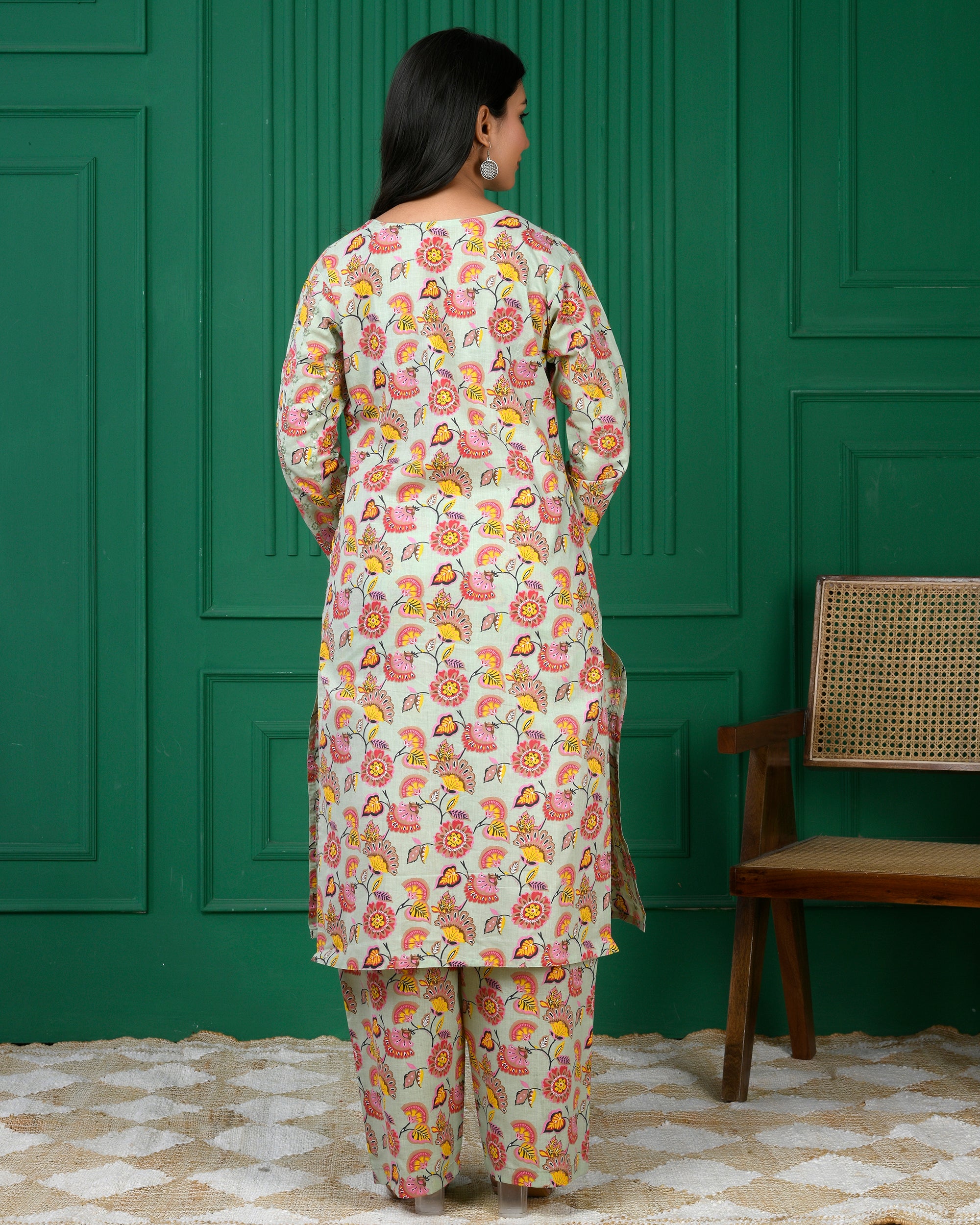 Pure cotton floral print kurti & Plazo set - Parrot Green