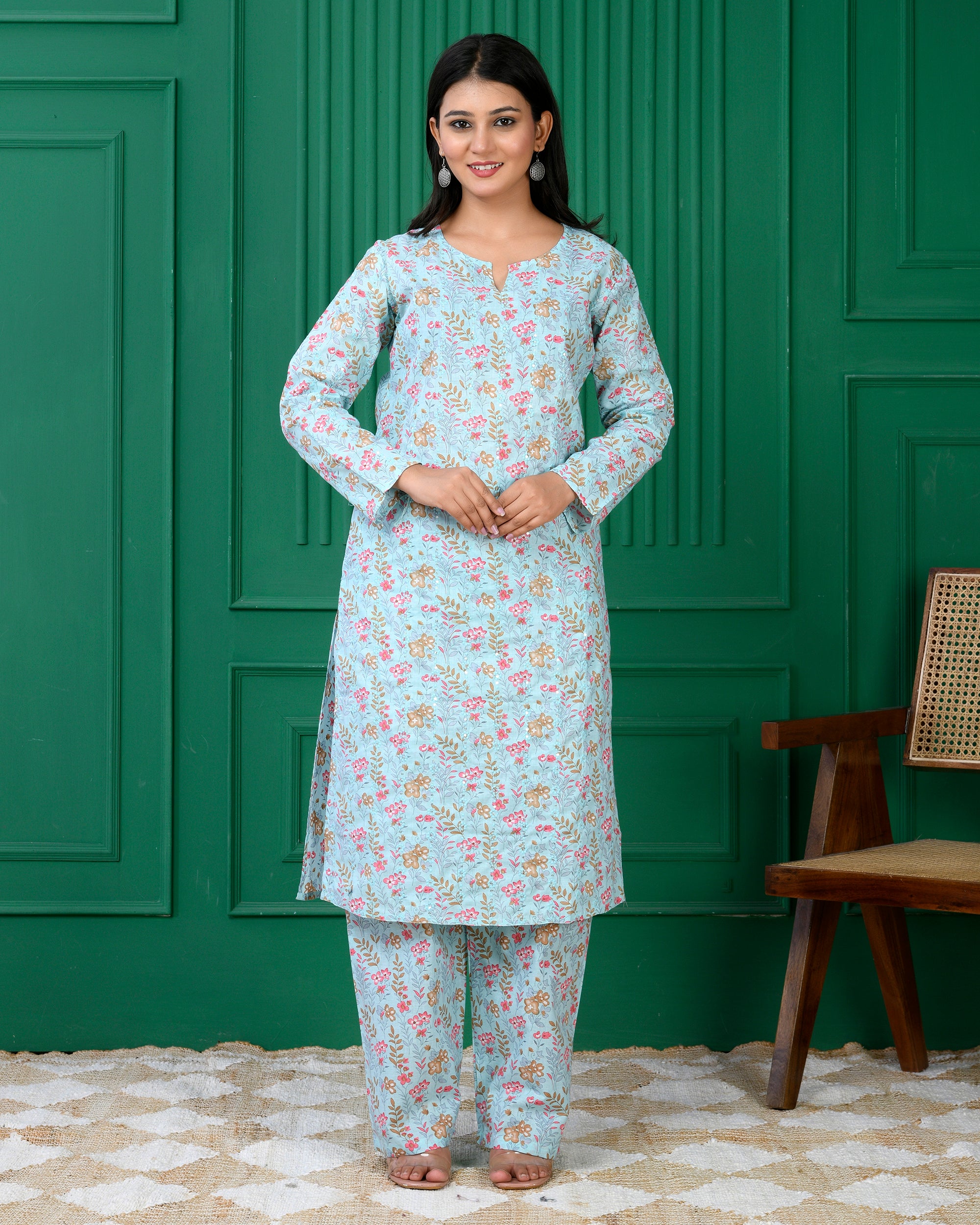 Pure cotton floral print kurti & Plazo set - Blue