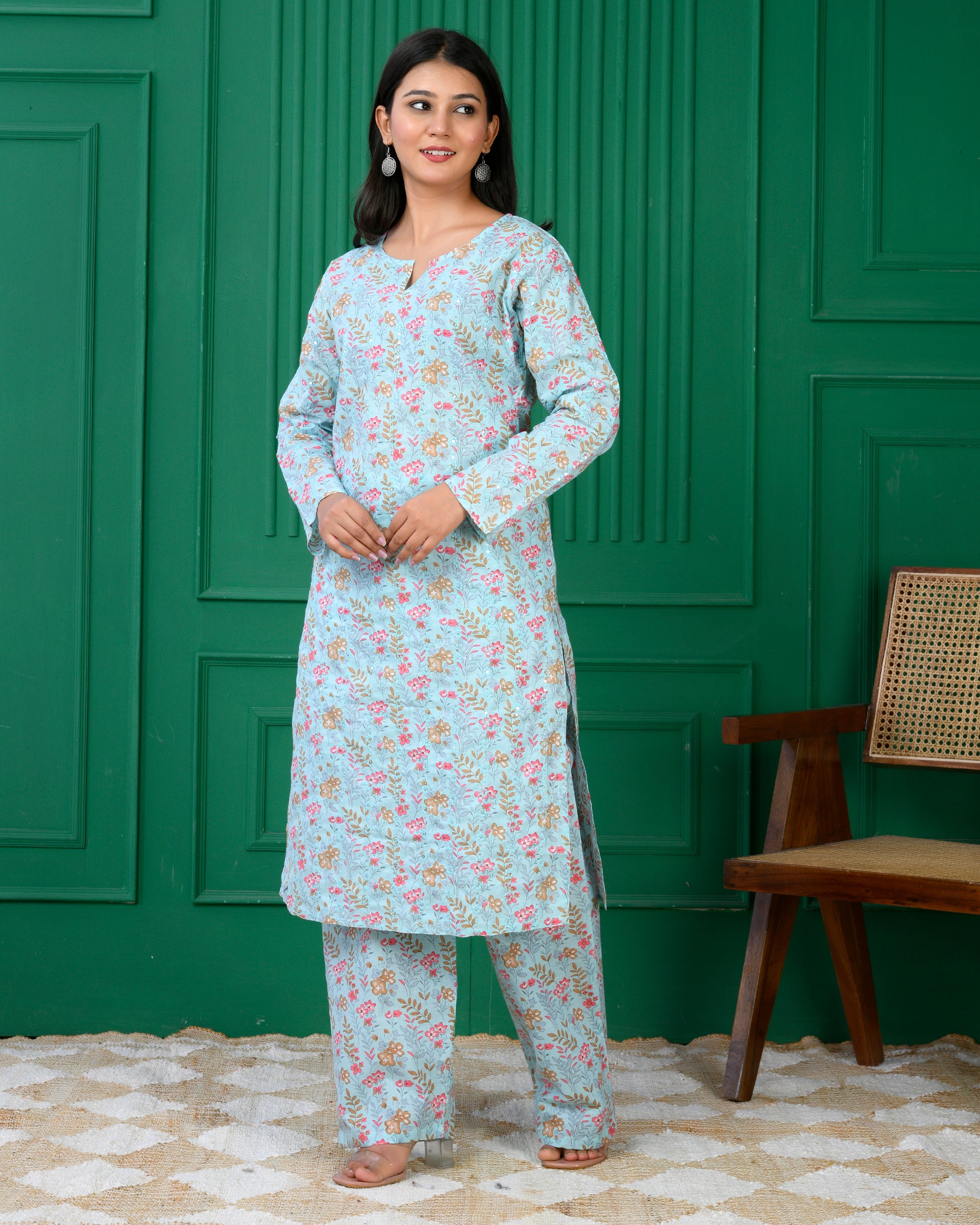 Pure cotton floral print kurti & Plazo set - Blue
