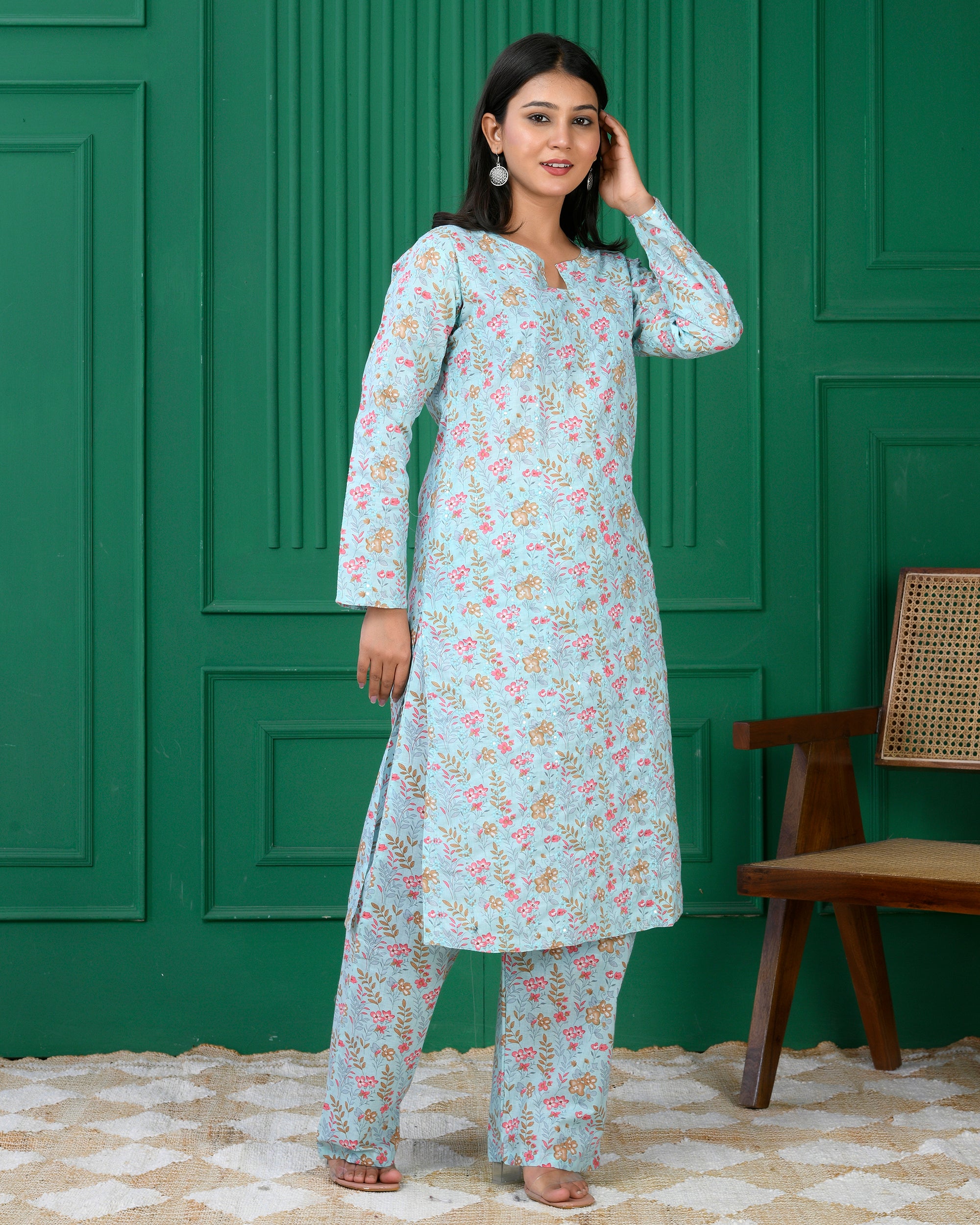 Pure cotton floral print kurti & Plazo set - Blue