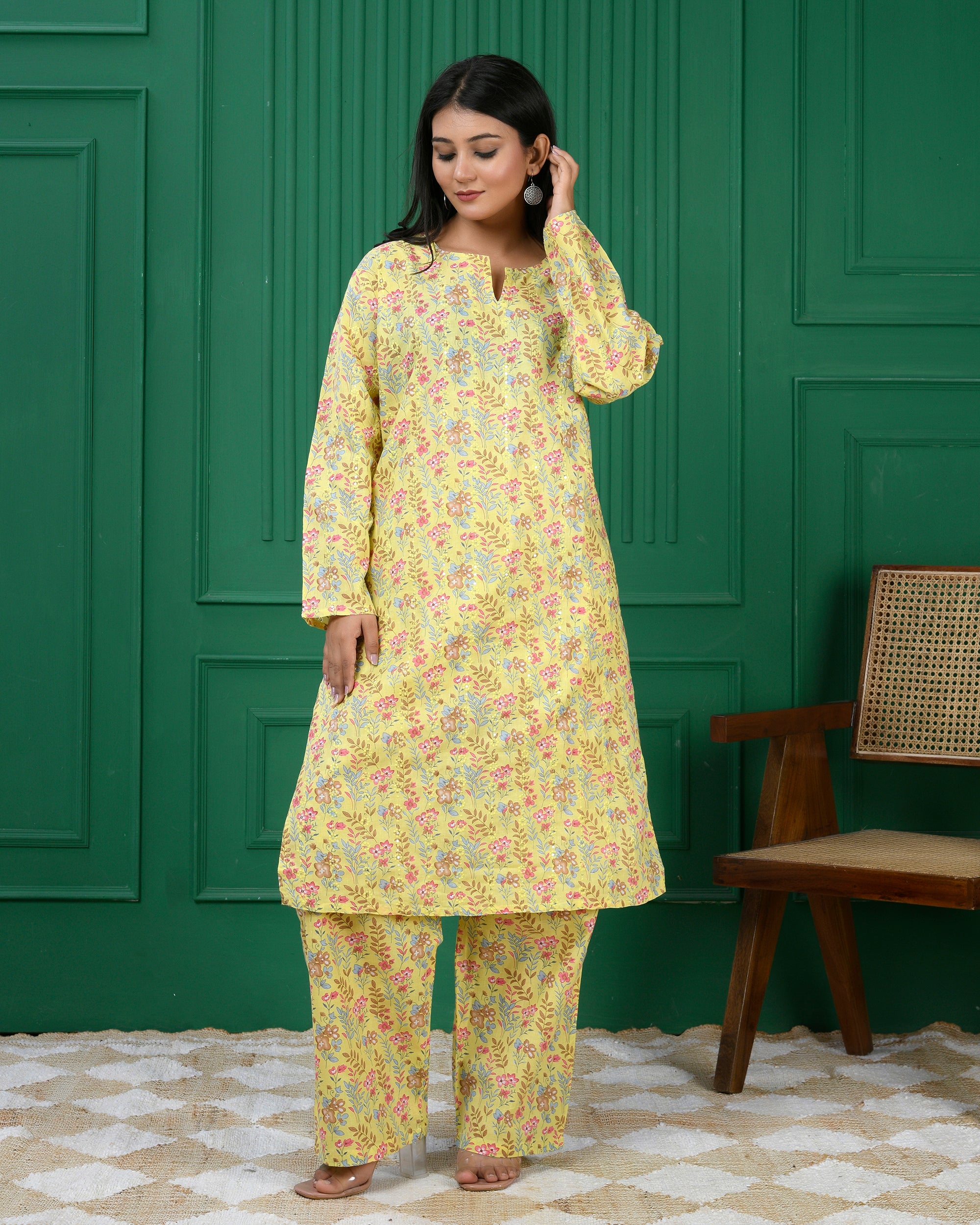 Pure cotton floral print kurti & Plazo set - Lite Yellow