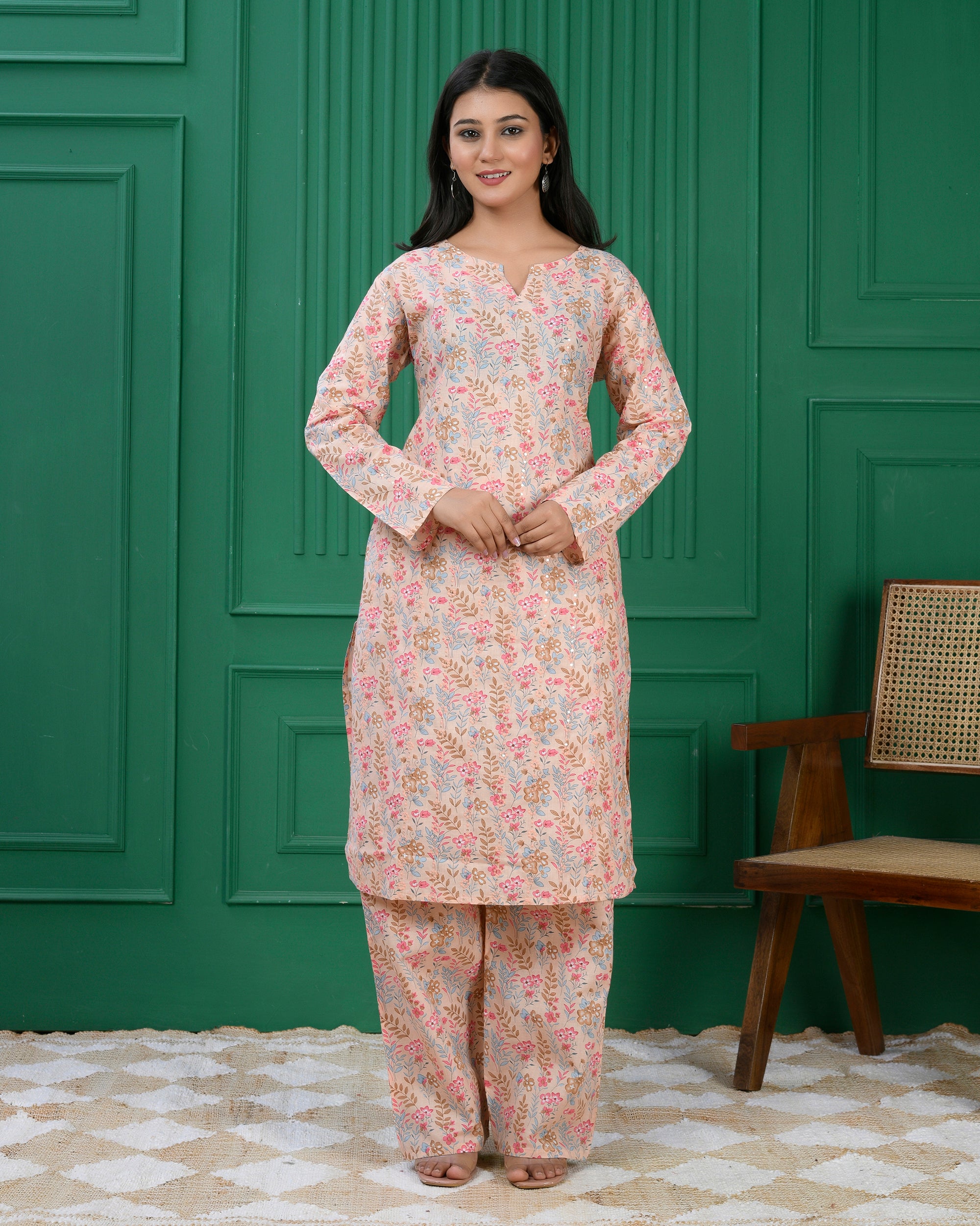 Pure cotton floral print kurti & Plazo set - Baige