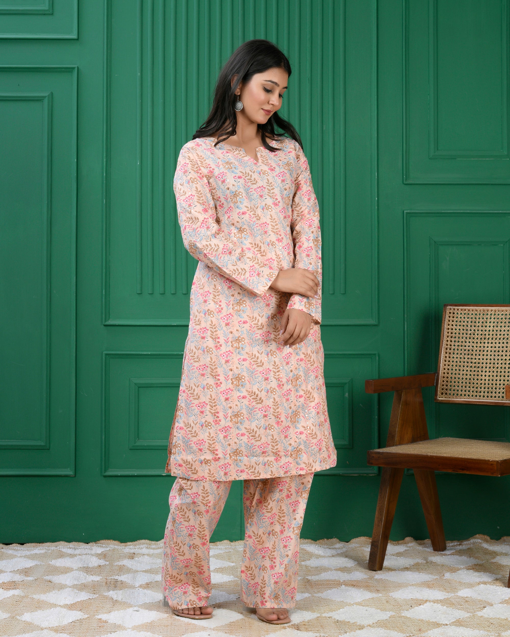 Pure cotton floral print kurti & Plazo set - Baige