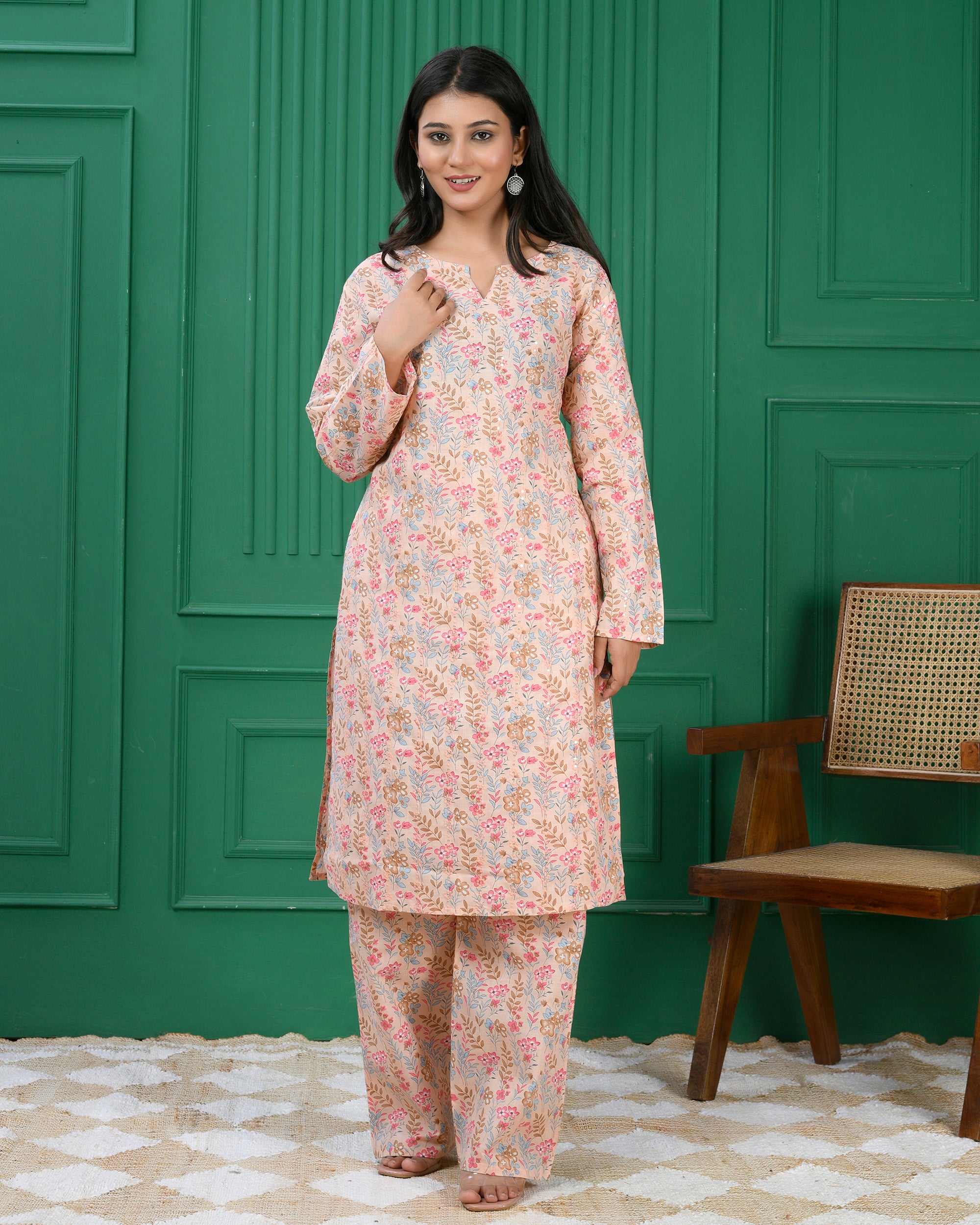 Pure cotton floral print kurti & Plazo set - Baige