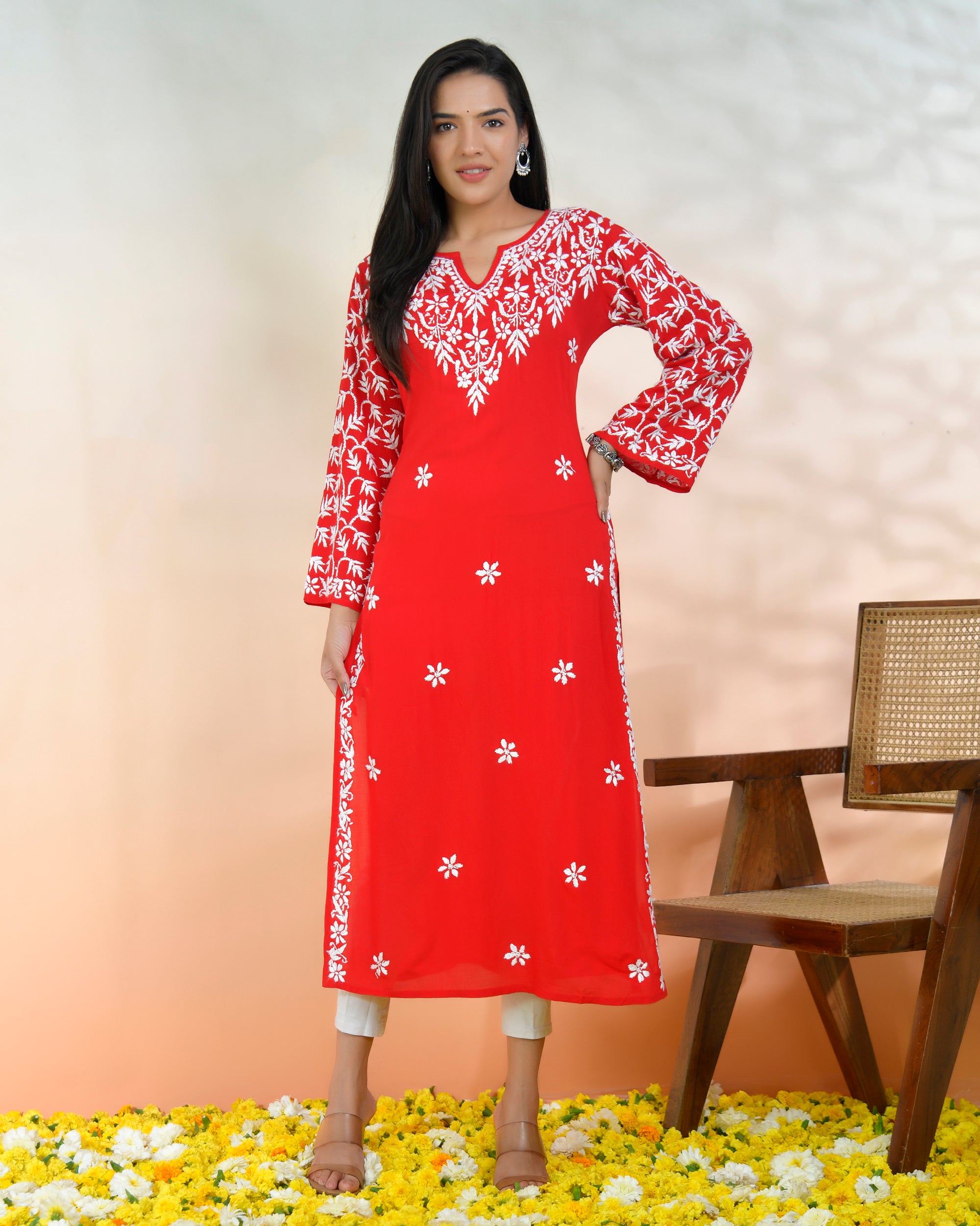 Chikankari Radiant Red Modal Cotton Kurta