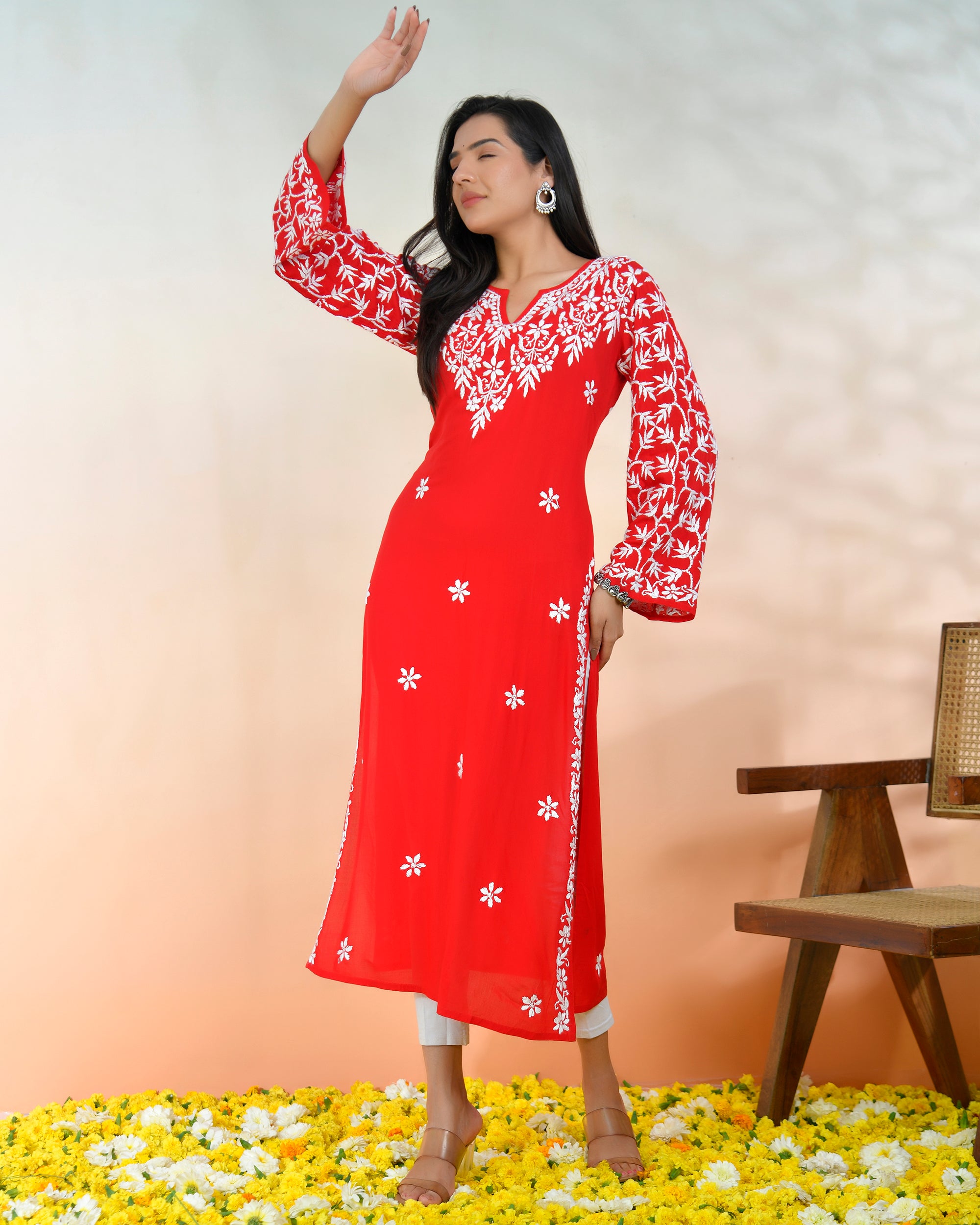 Chikankari Radiant Red Modal Cotton Kurta