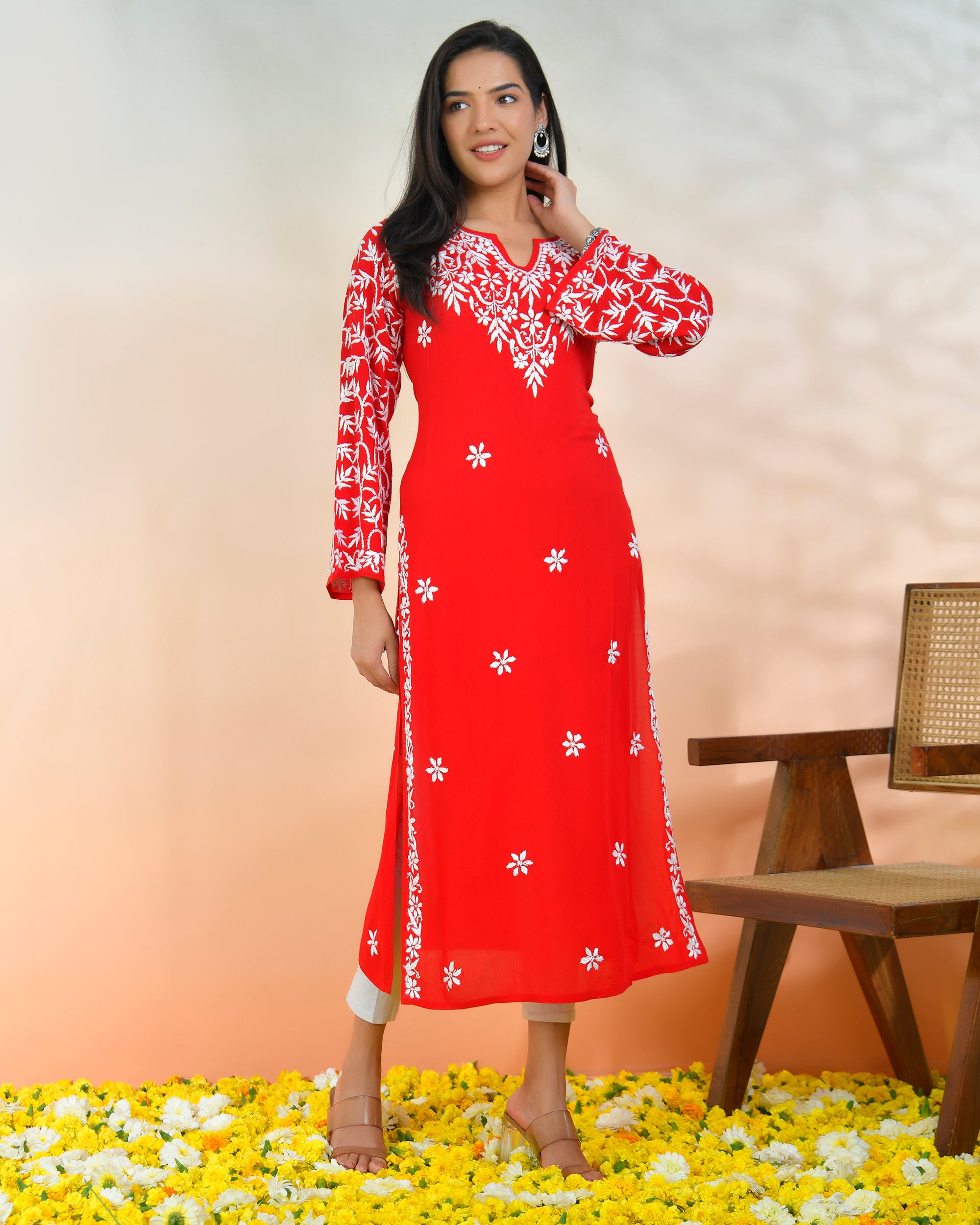 Chikankari Radiant Red Modal Cotton Kurta