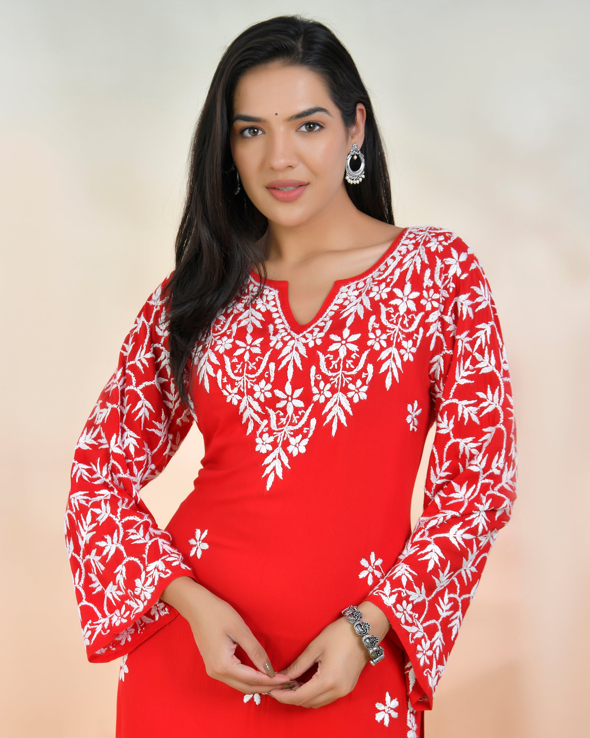 Chikankari Radiant Red Modal Cotton Kurta