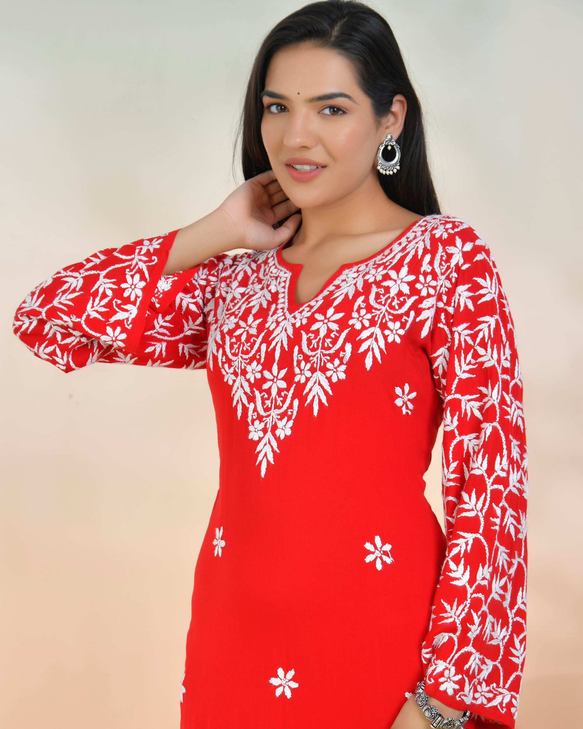 Chikankari Radiant Red Modal Cotton Kurta
