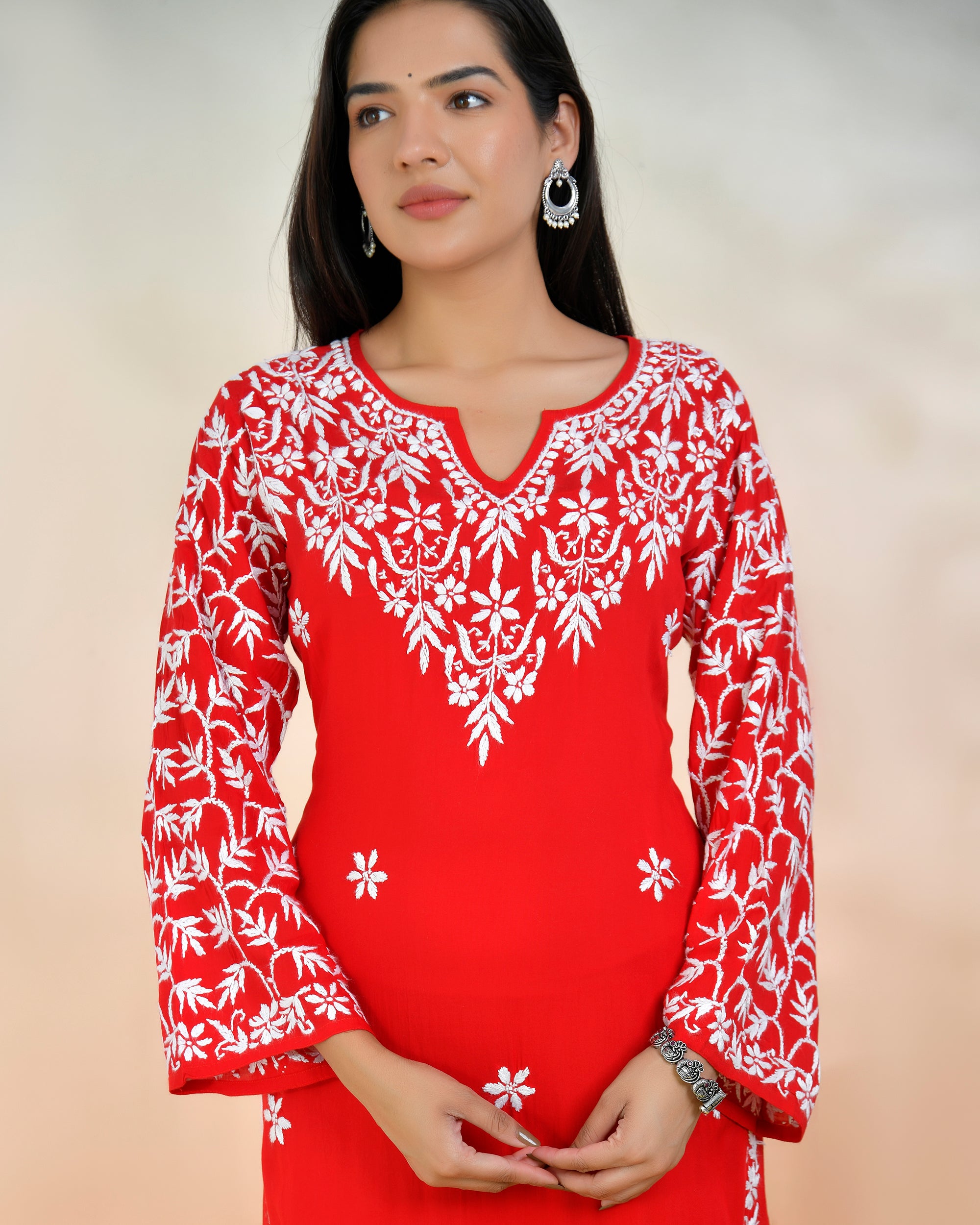 Chikankari Radiant Red Modal Cotton Kurta