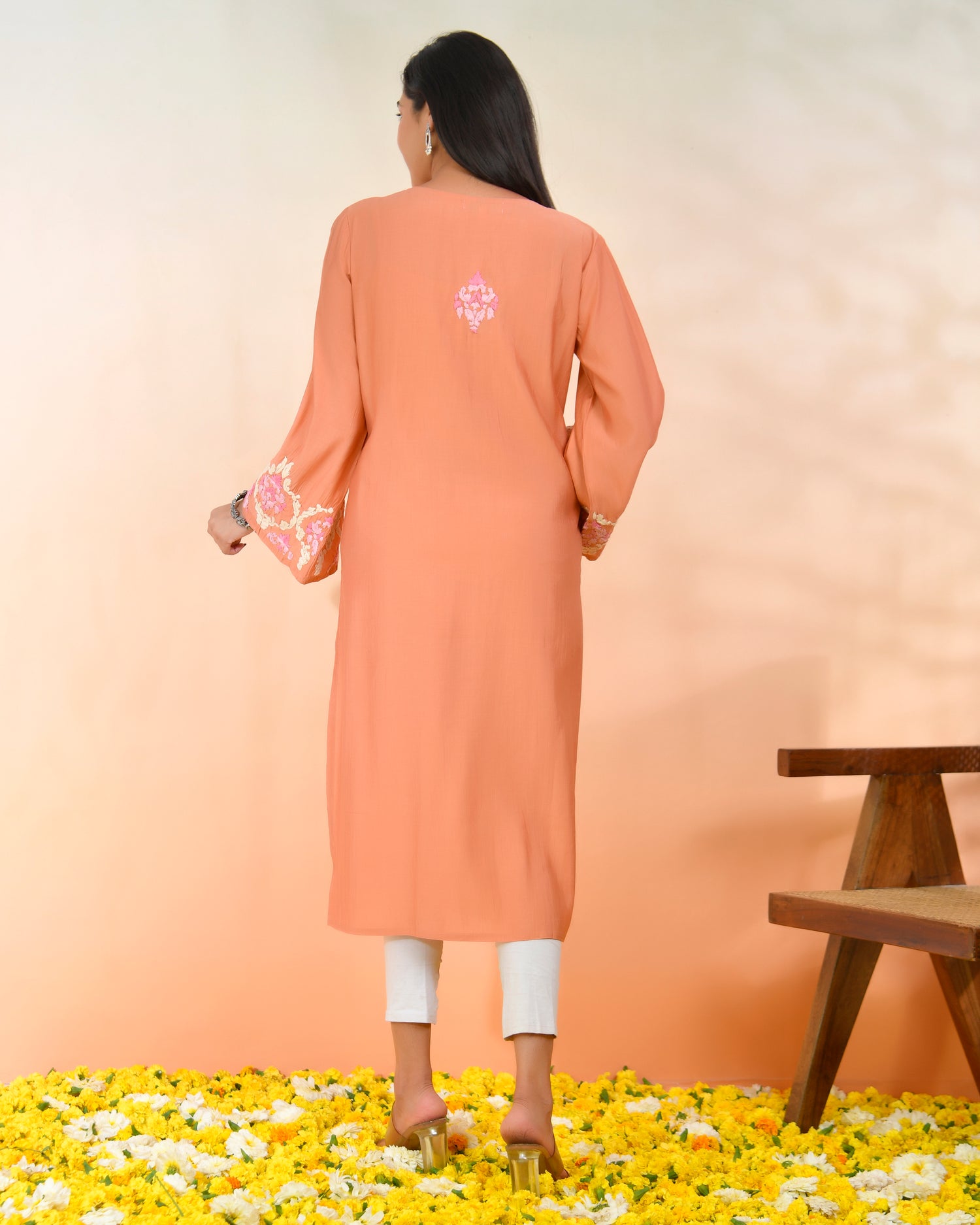 Chikankari Long Kurta in Modal Silk - Peach