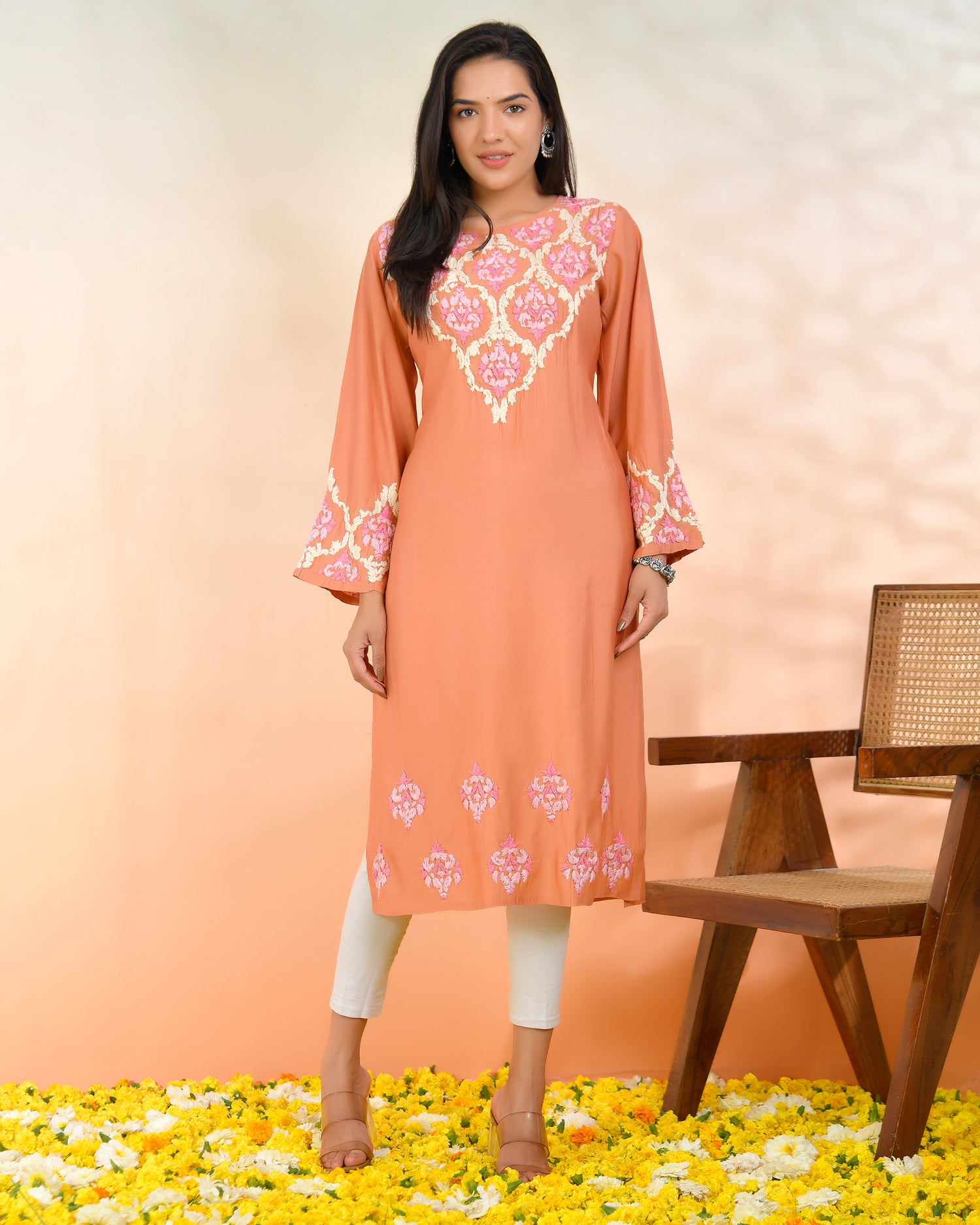 Chikankari Long Kurta in Modal Silk - Peach