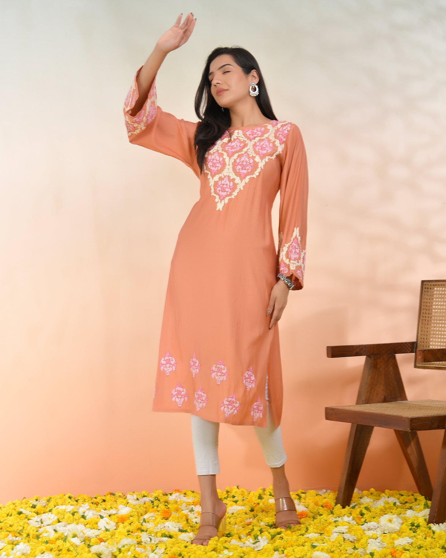 Chikankari Long Kurta in Modal Silk - Peach