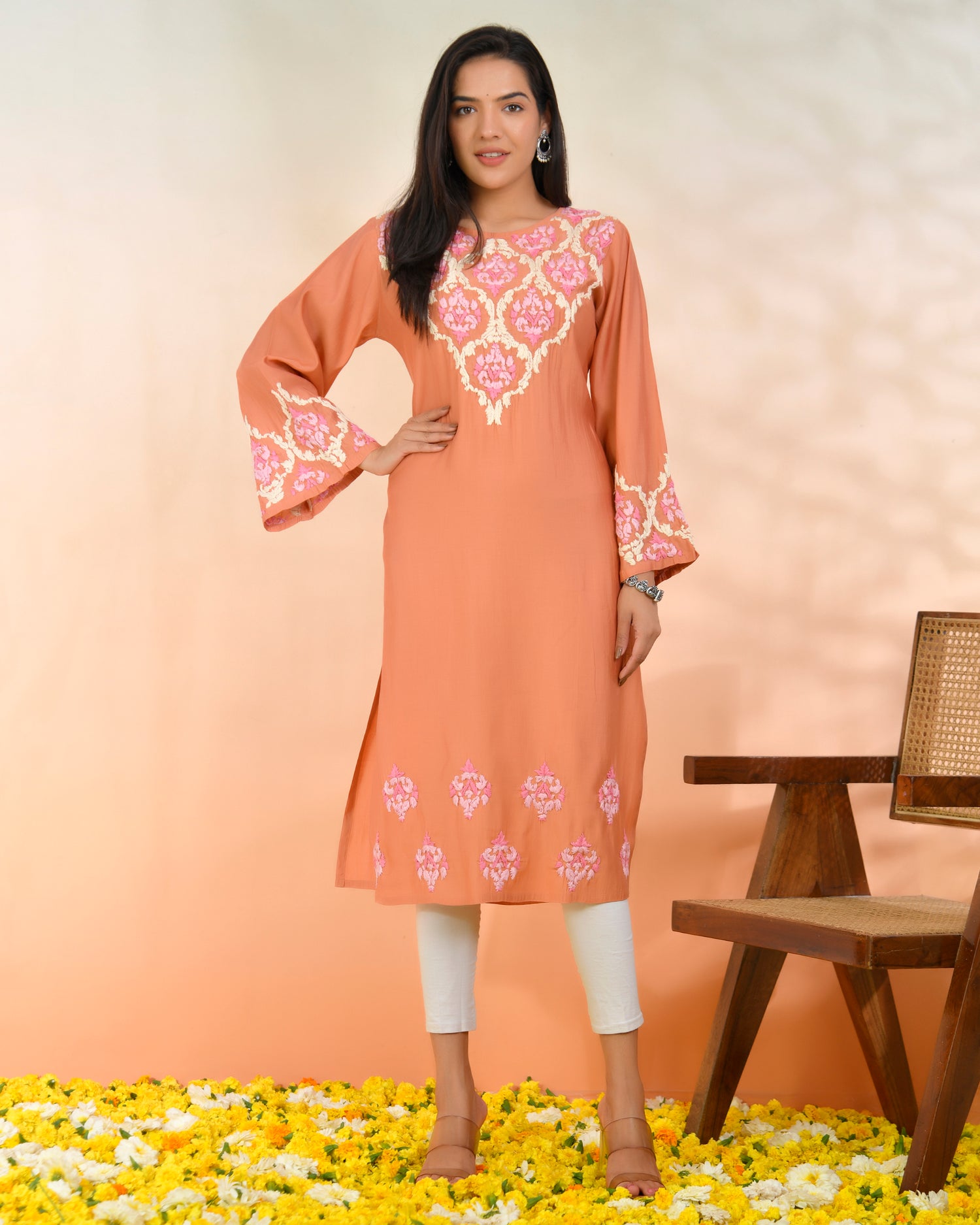 Chikankari Long Kurta in Modal Silk - Peach