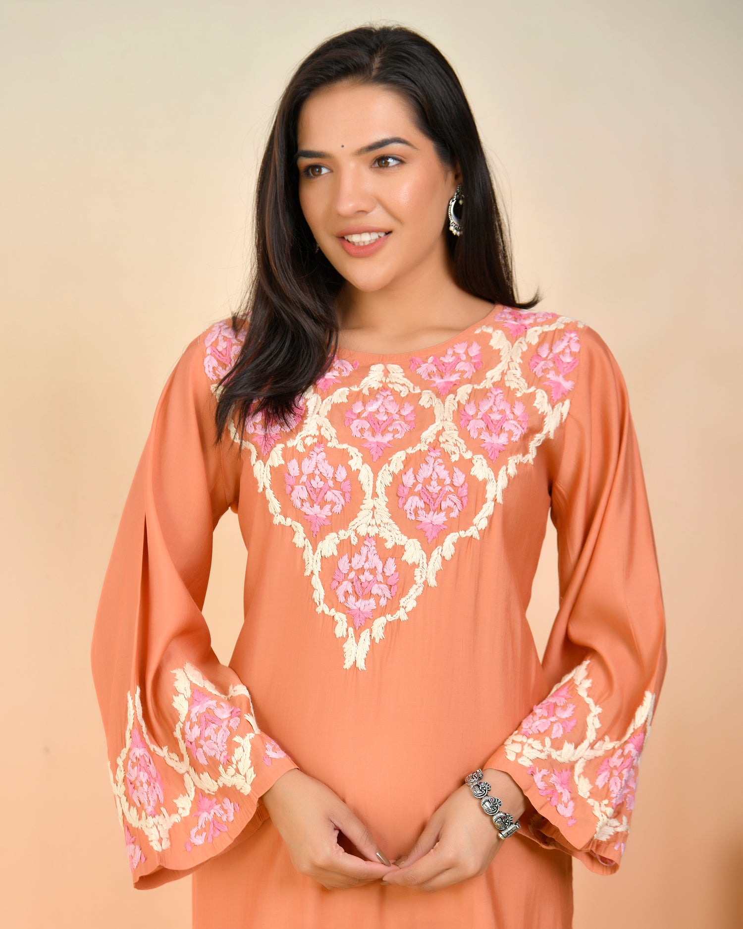 Chikankari Long Kurta in Modal Silk - Peach