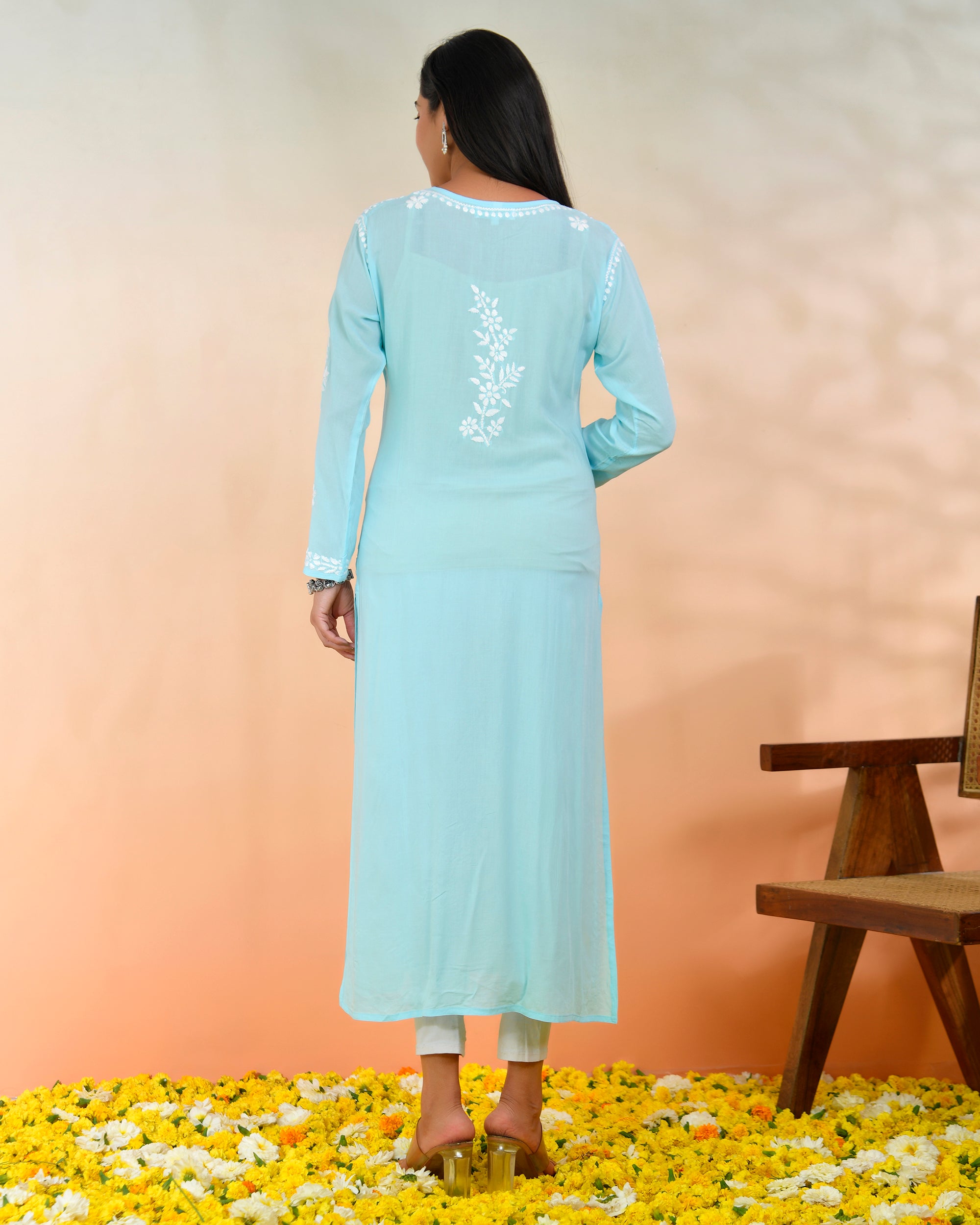 Chikankari Long Kurti In Modal Cotton for Women- Blue