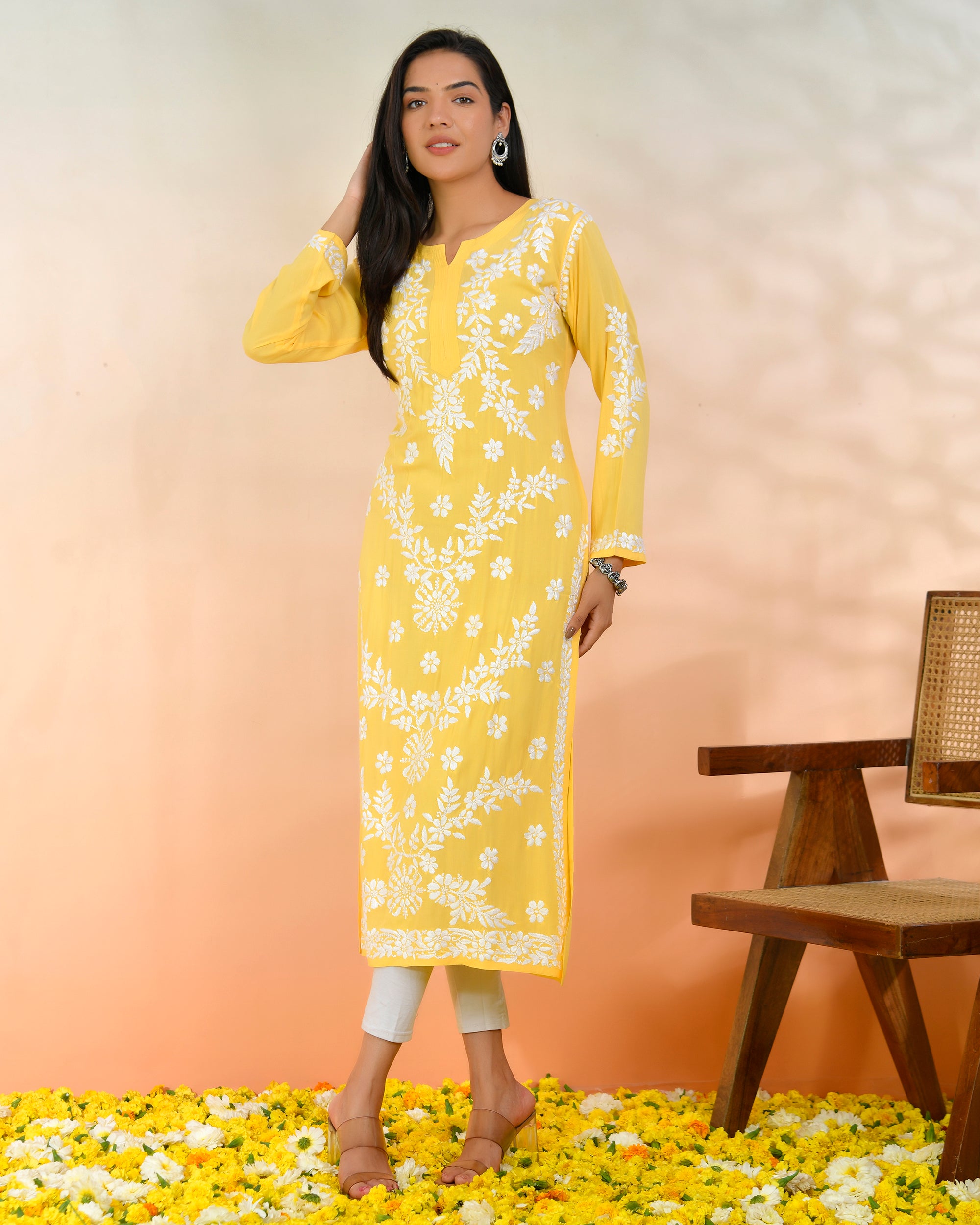Chikankari Long Kurti In Modal Cotton for Women- Yellow