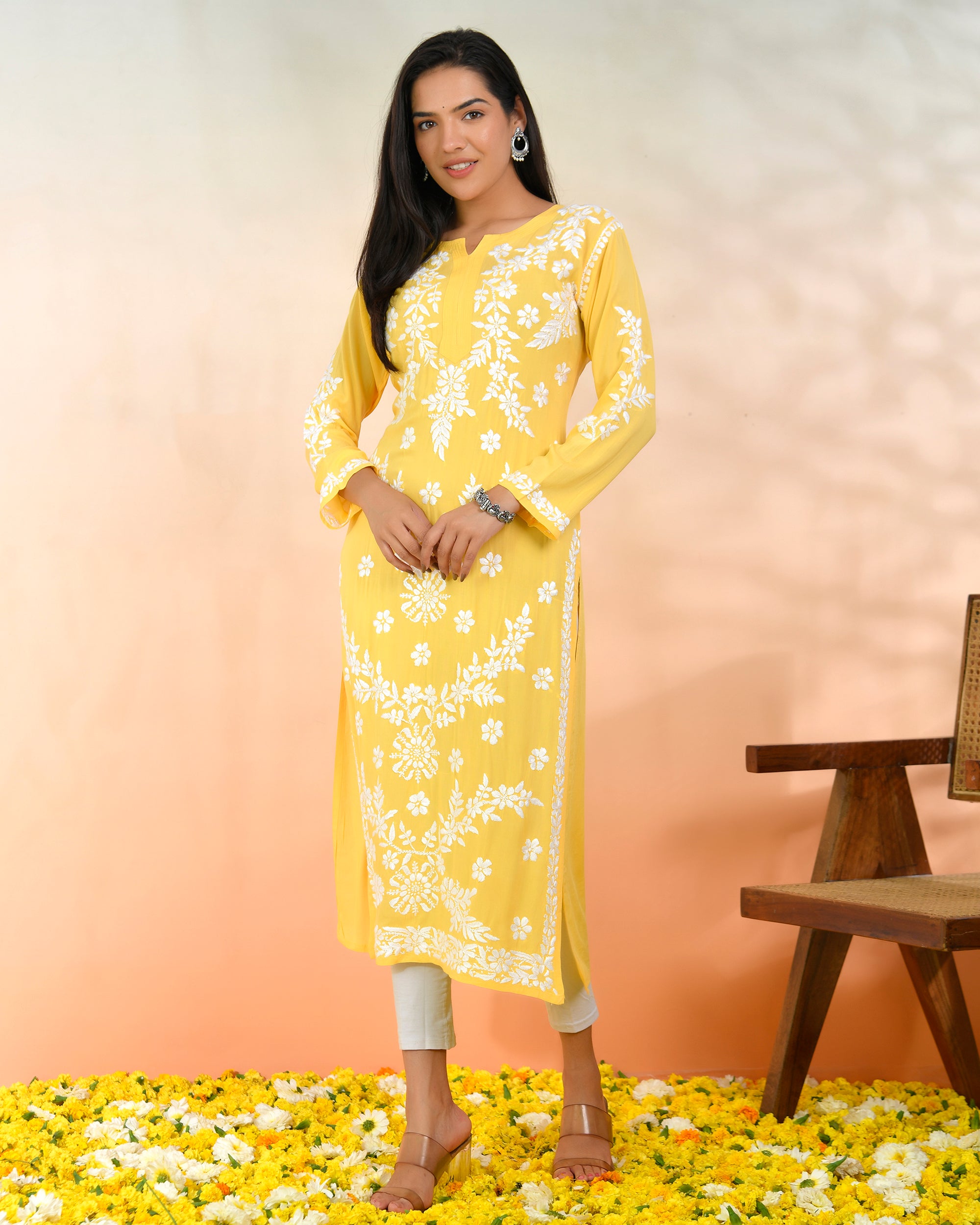 Chikankari Long Kurti In Modal Cotton for Women- Yellow