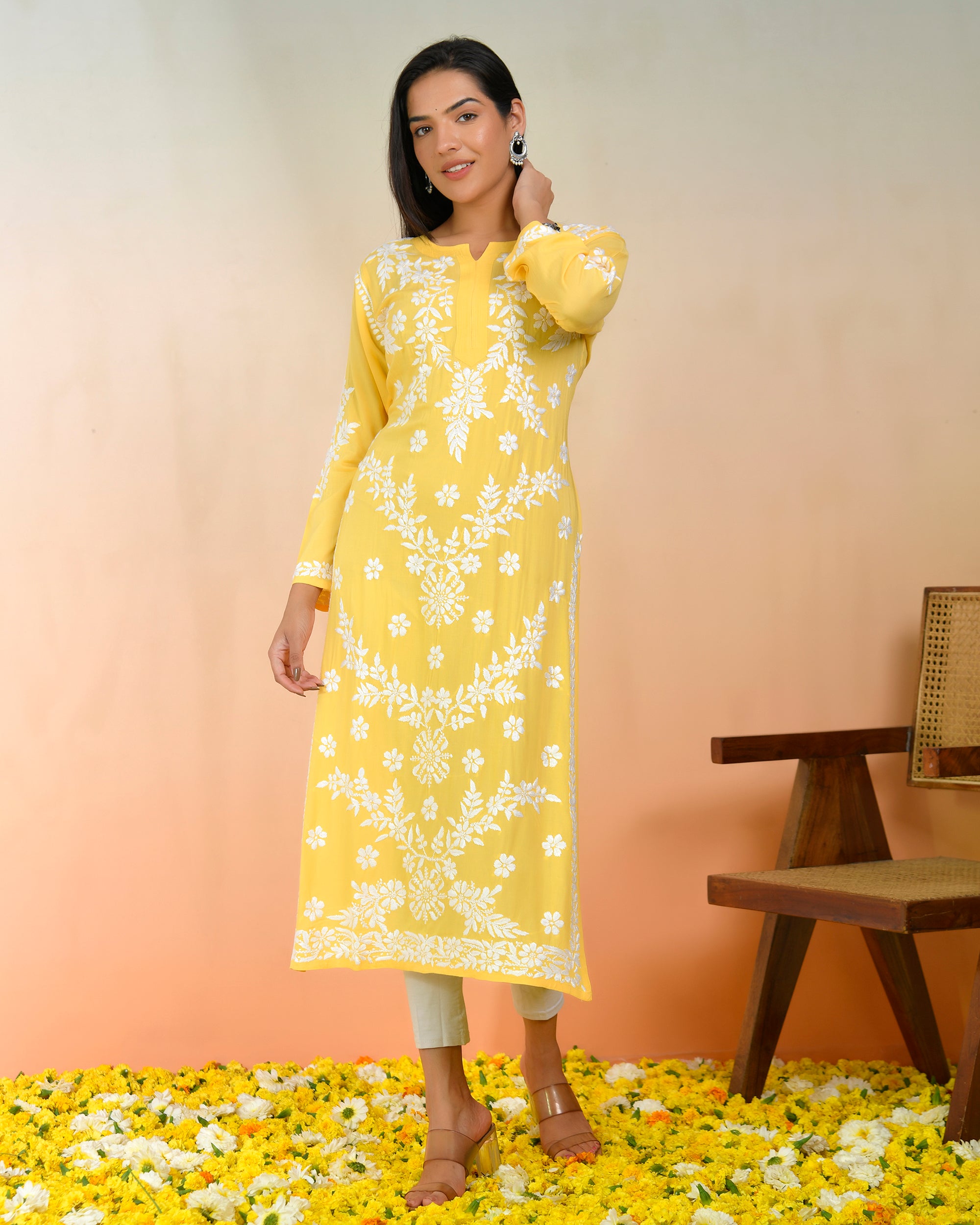 Chikankari Long Kurti In Modal Cotton for Women- Yellow
