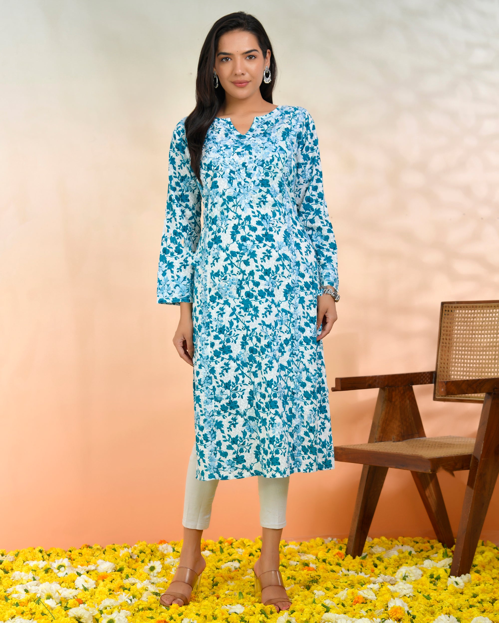 Chikankari Kurta in Mul cotton in Blue Print