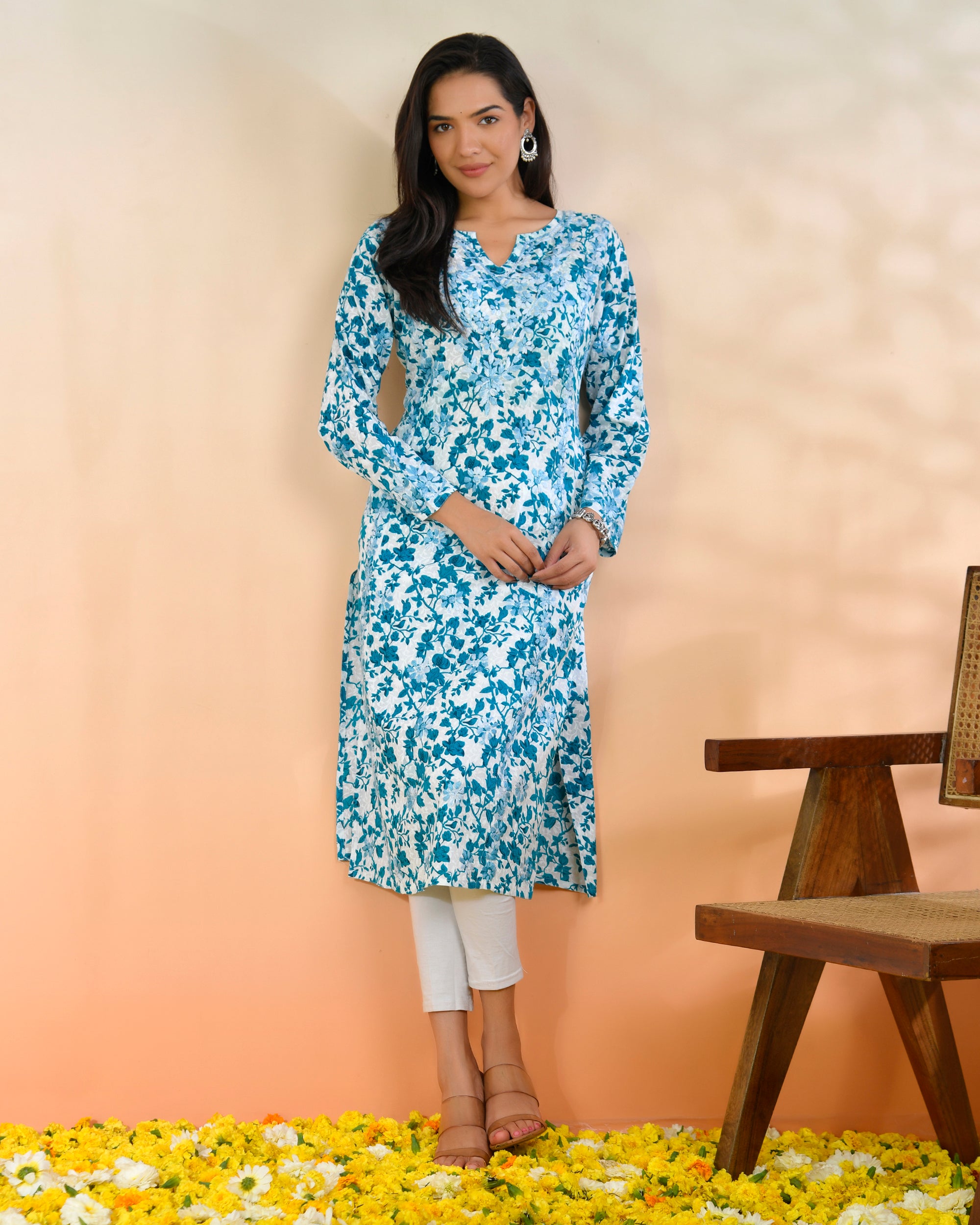 Chikankari Kurta in Mul cotton in Blue Print