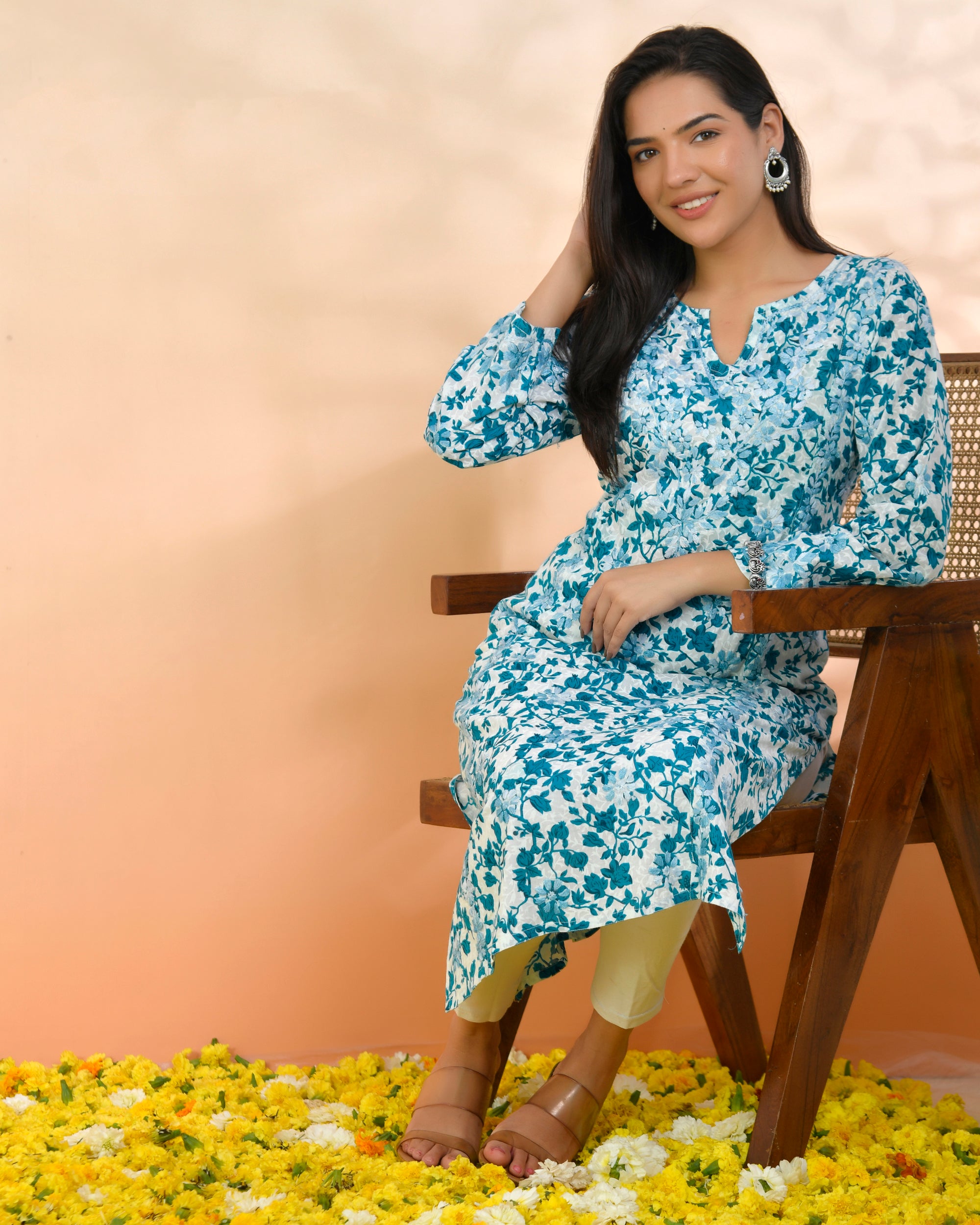 Chikankari Kurta in Mul cotton in Blue Print