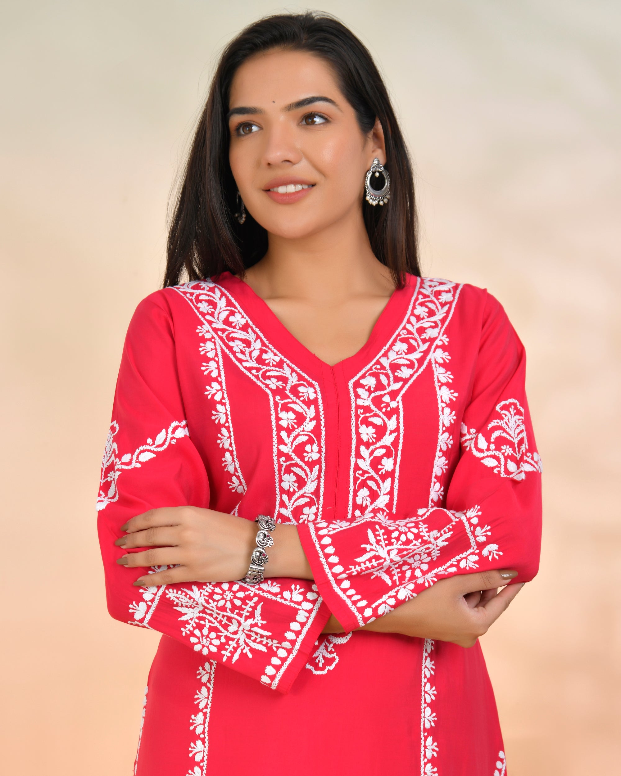 Chikankari Long Kurta In Muslin - Pink