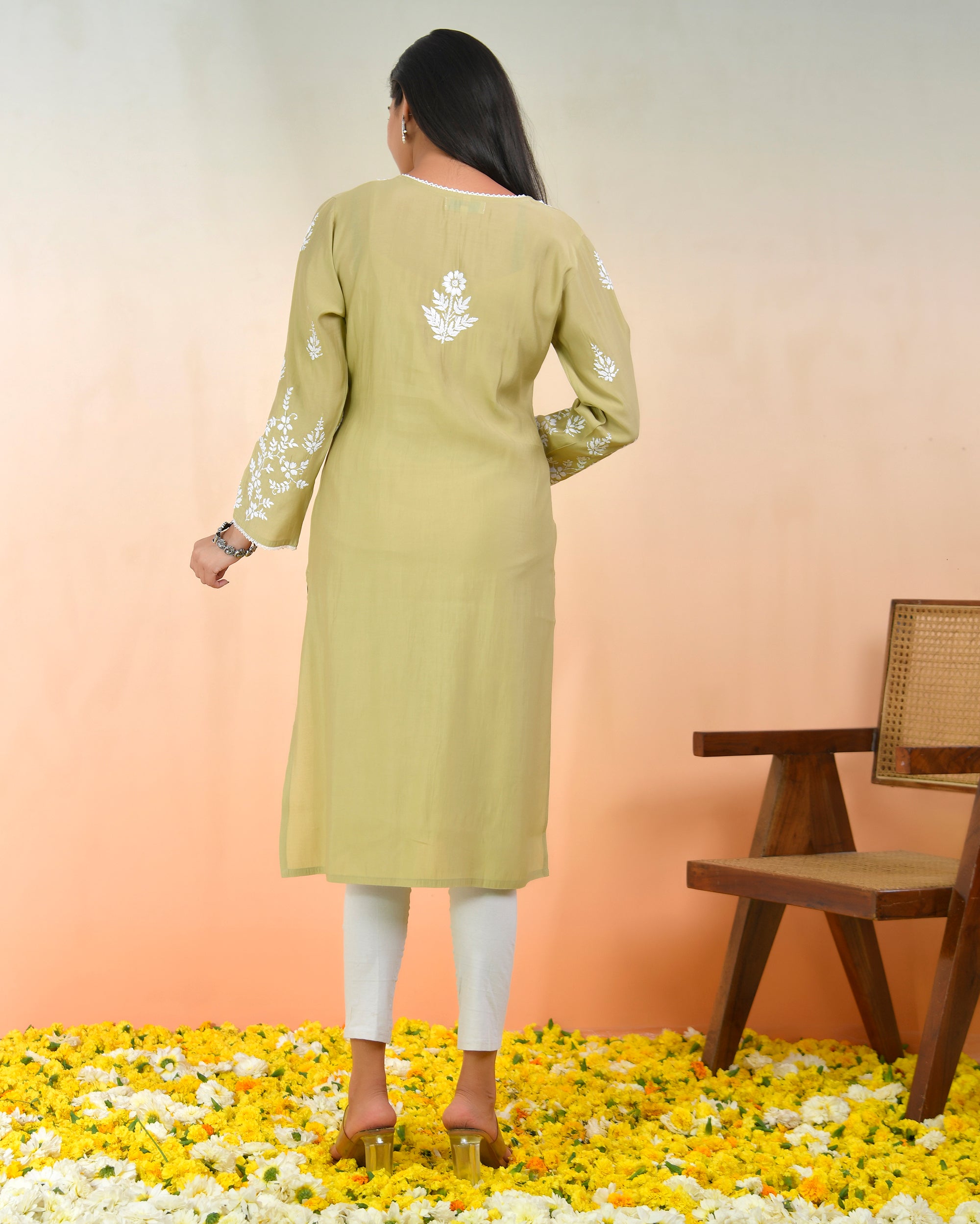 Chikankari Long Kurta In Muslin - Beige