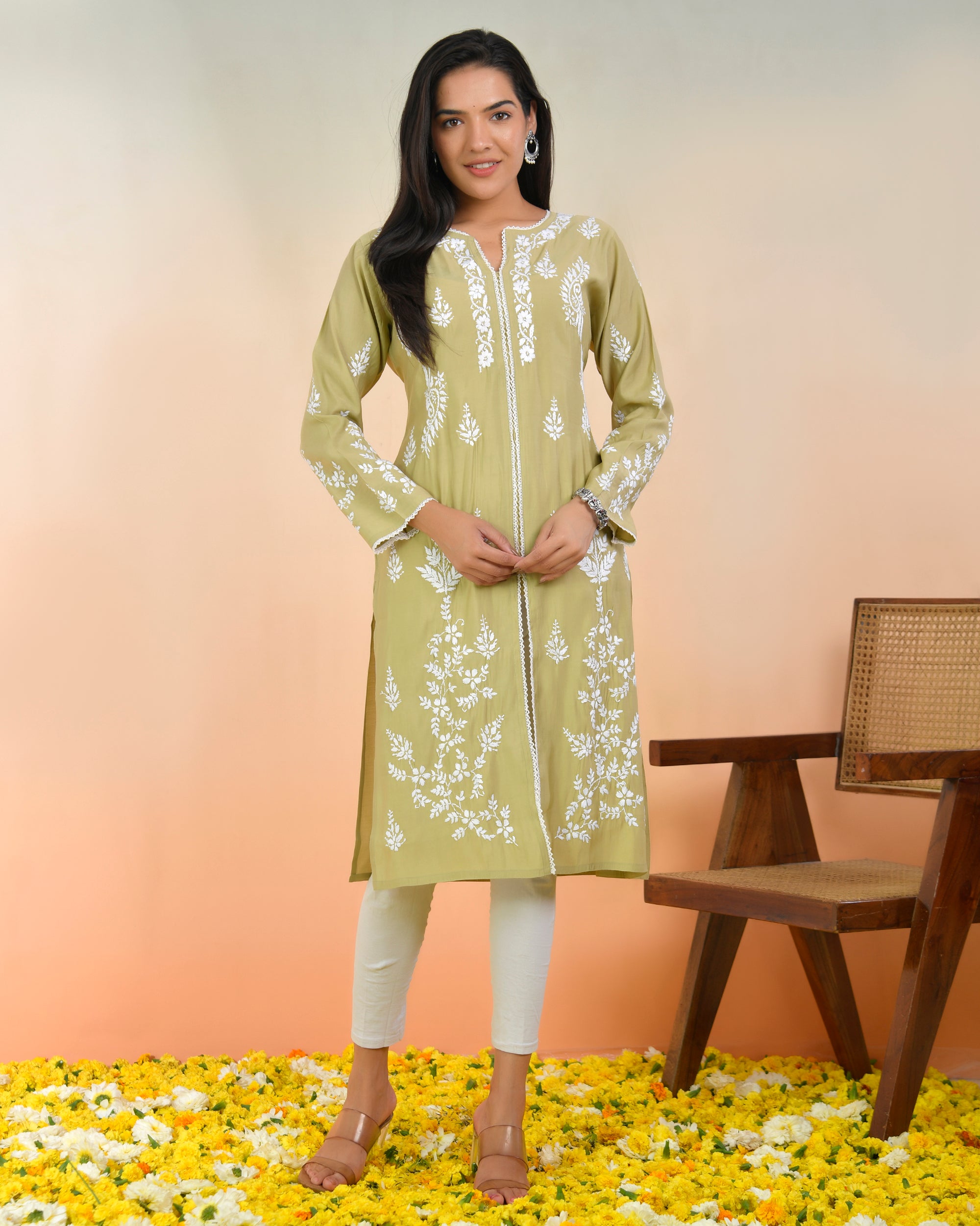 Chikankari Long Kurta In Muslin - Beige