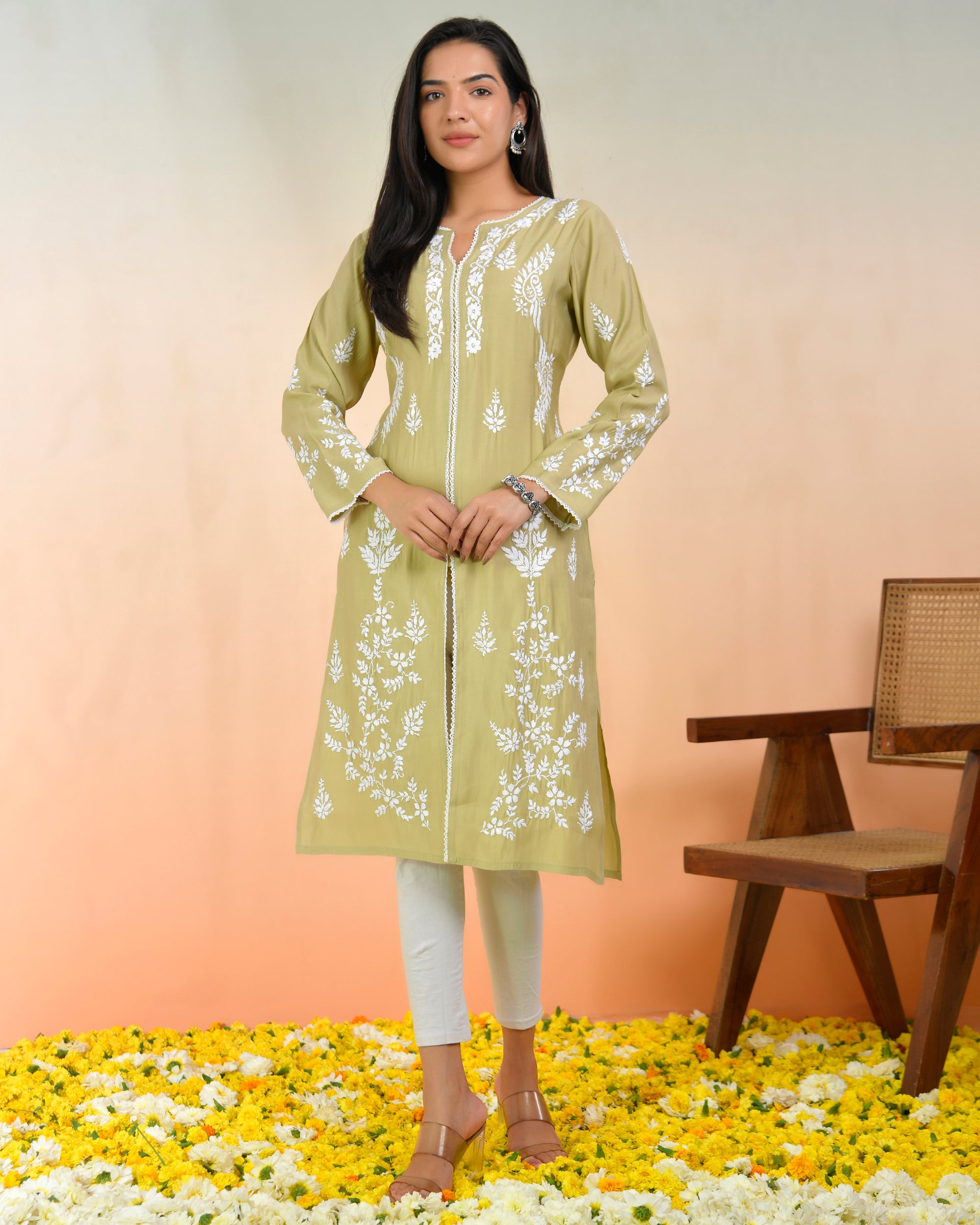 Chikankari Long Kurta In Muslin - Beige