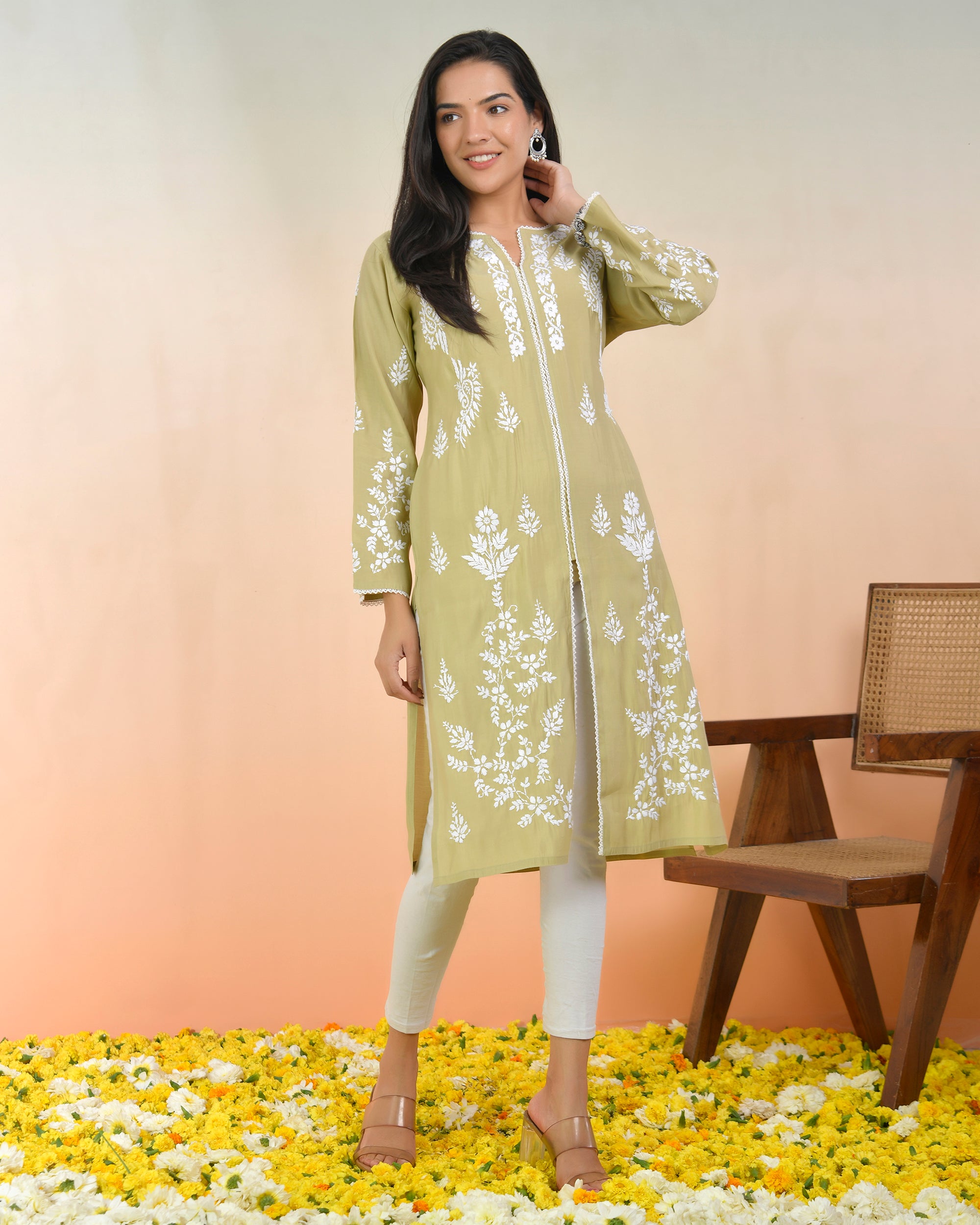 Chikankari Long Kurta In Muslin - Beige