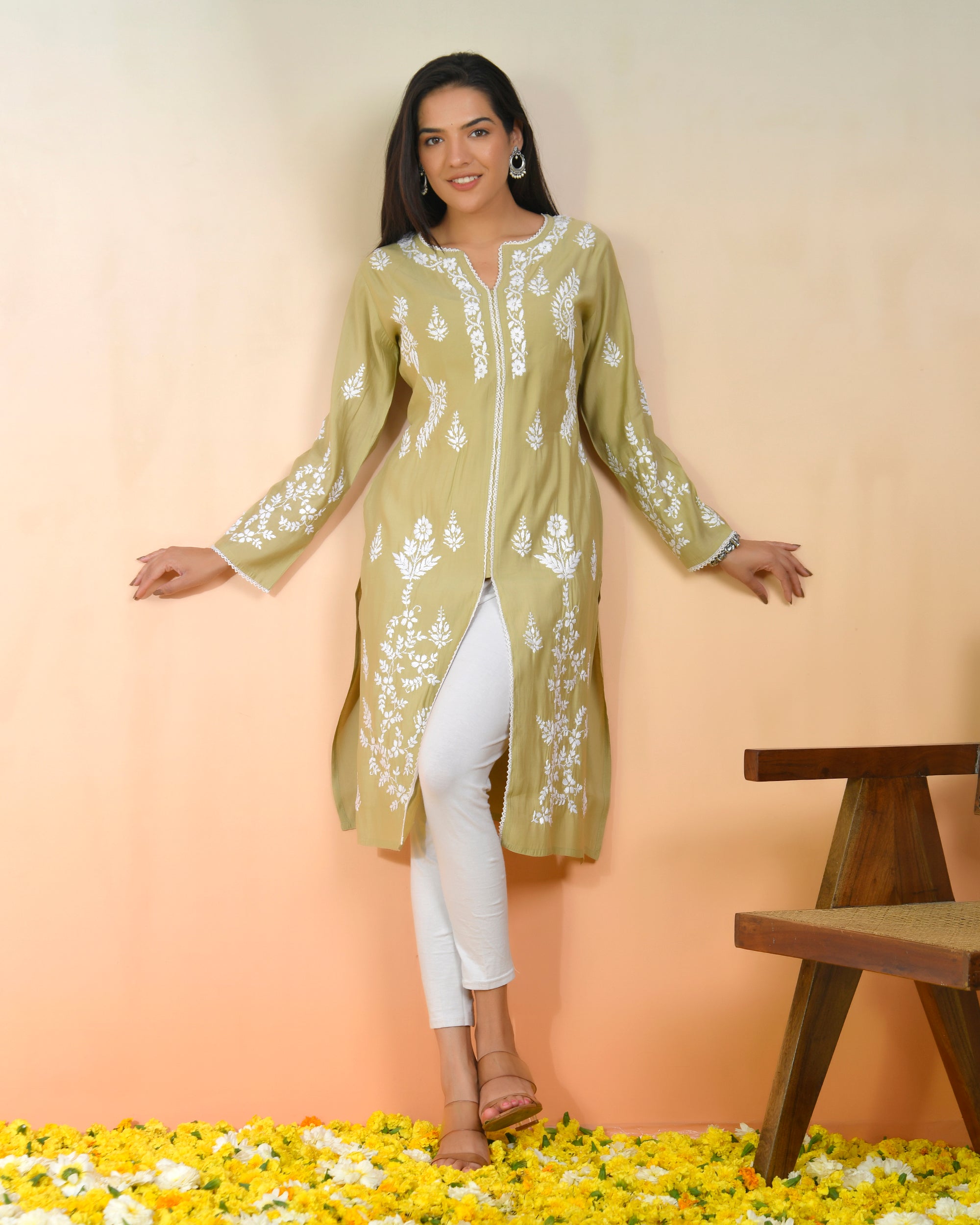 Chikankari Long Kurta In Muslin - Beige