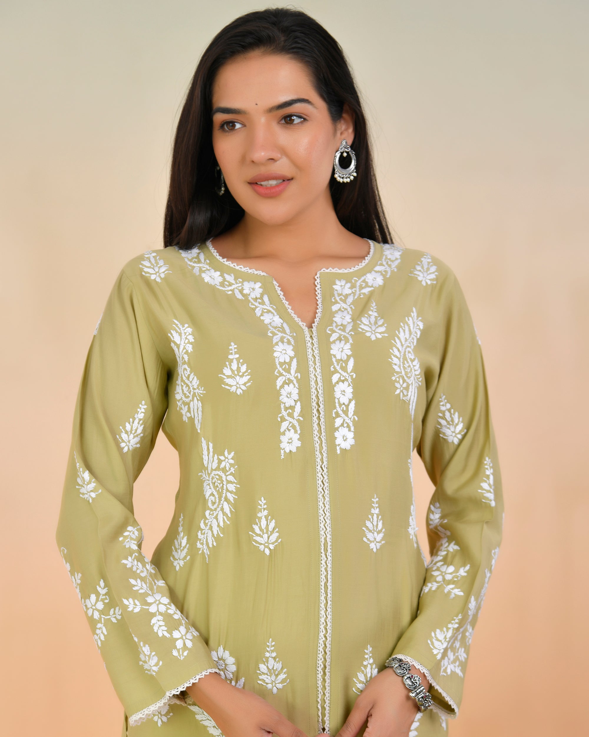 Chikankari Long Kurta In Muslin - Beige