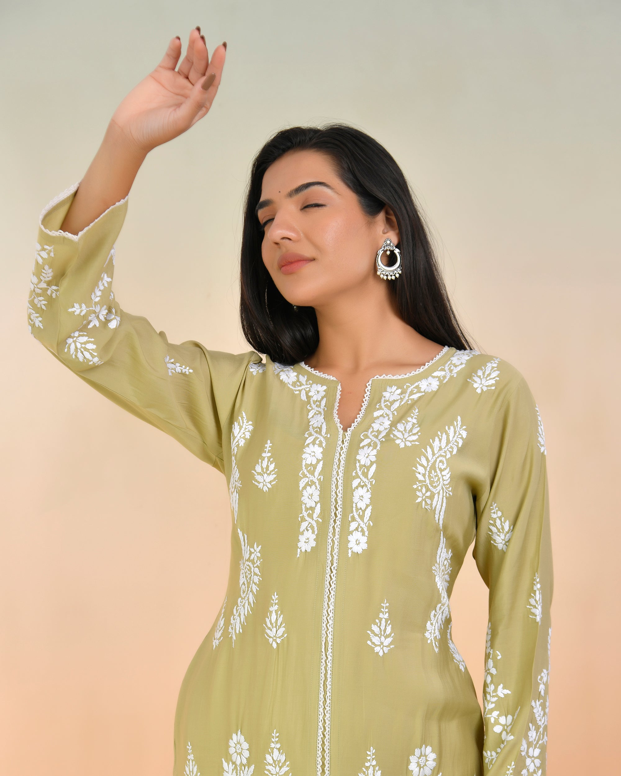 Chikankari Long Kurta In Muslin - Beige