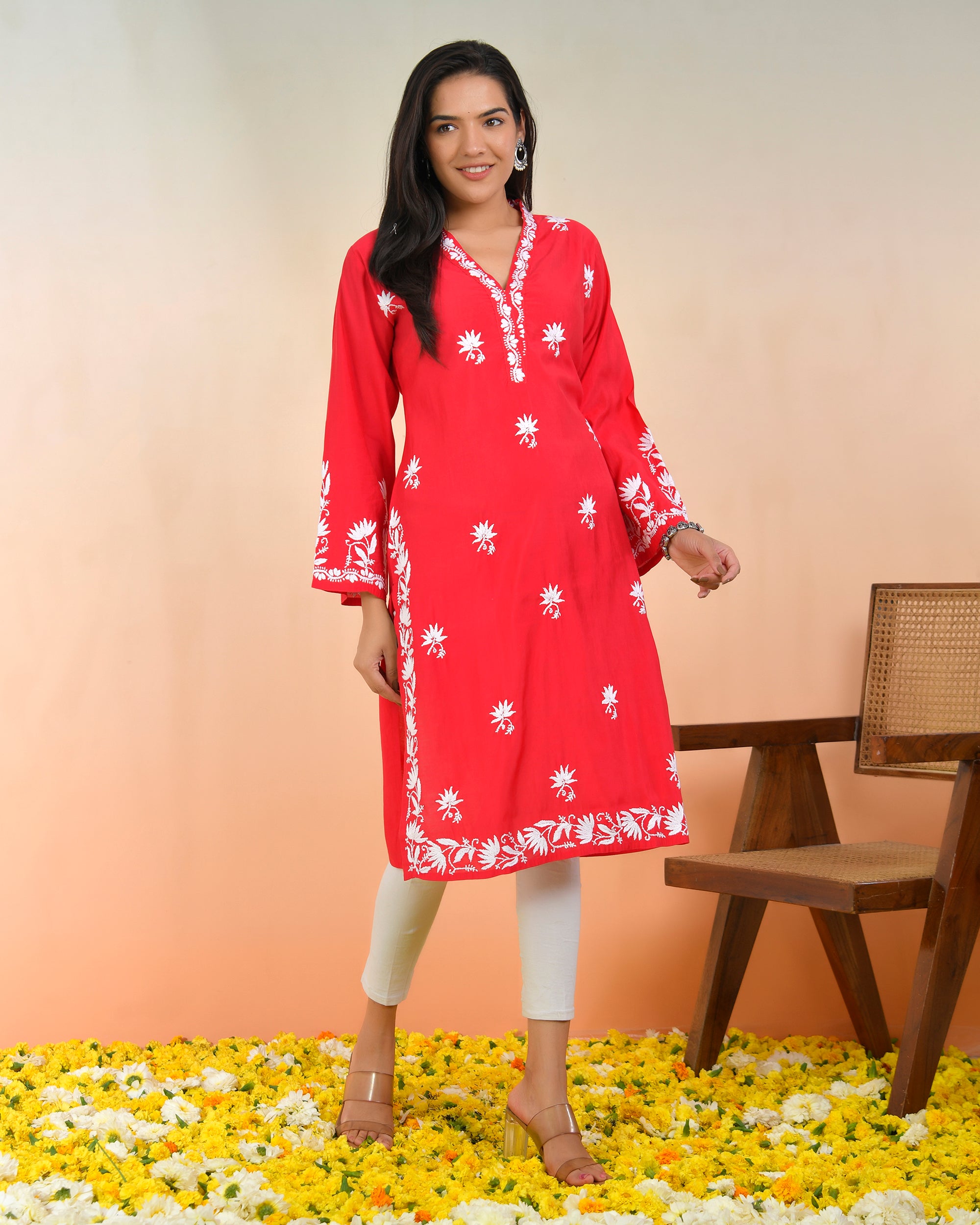 Chikankari Long Kurta In Modal Silk - Red