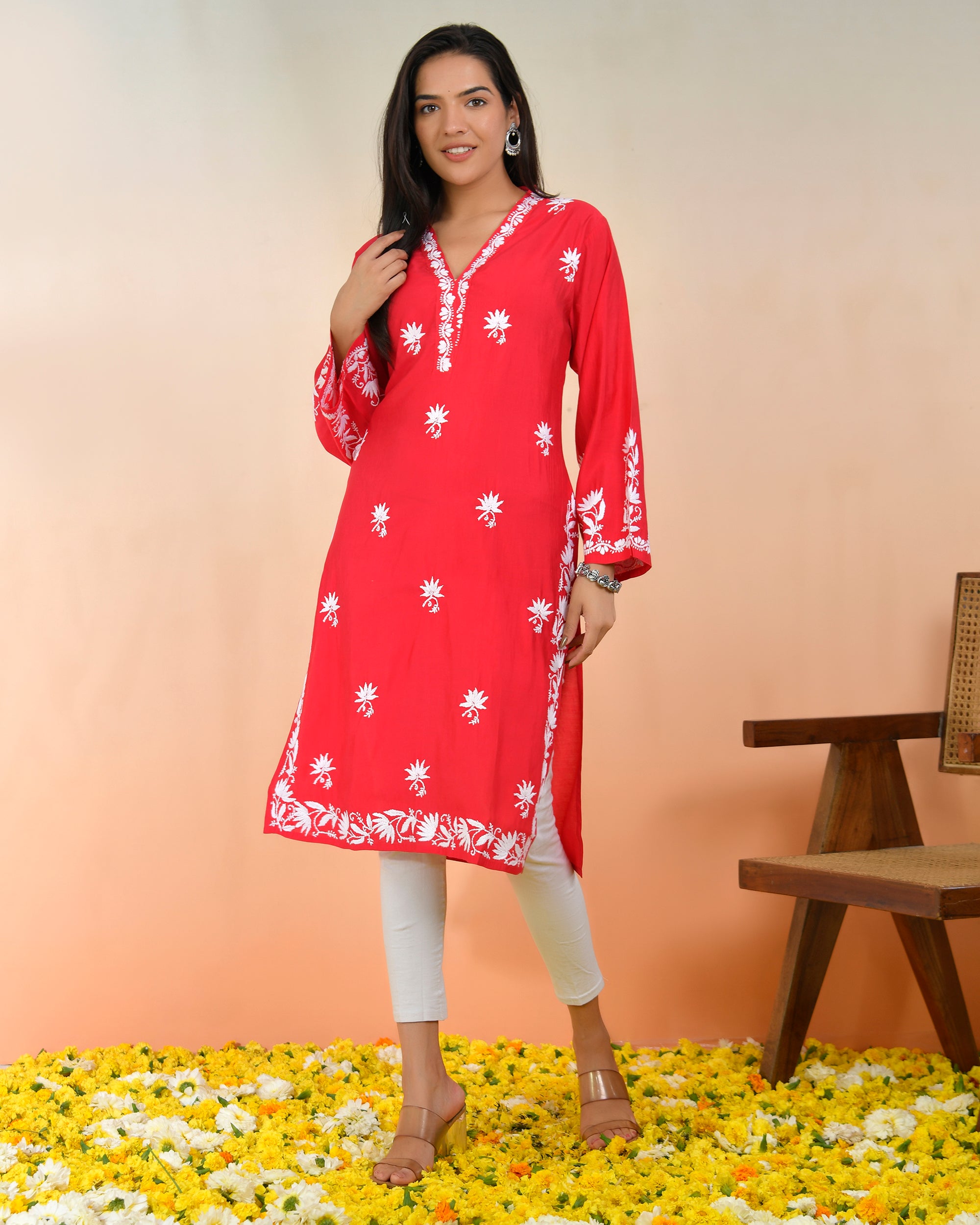 Chikankari Long Kurta In Modal Silk - Red