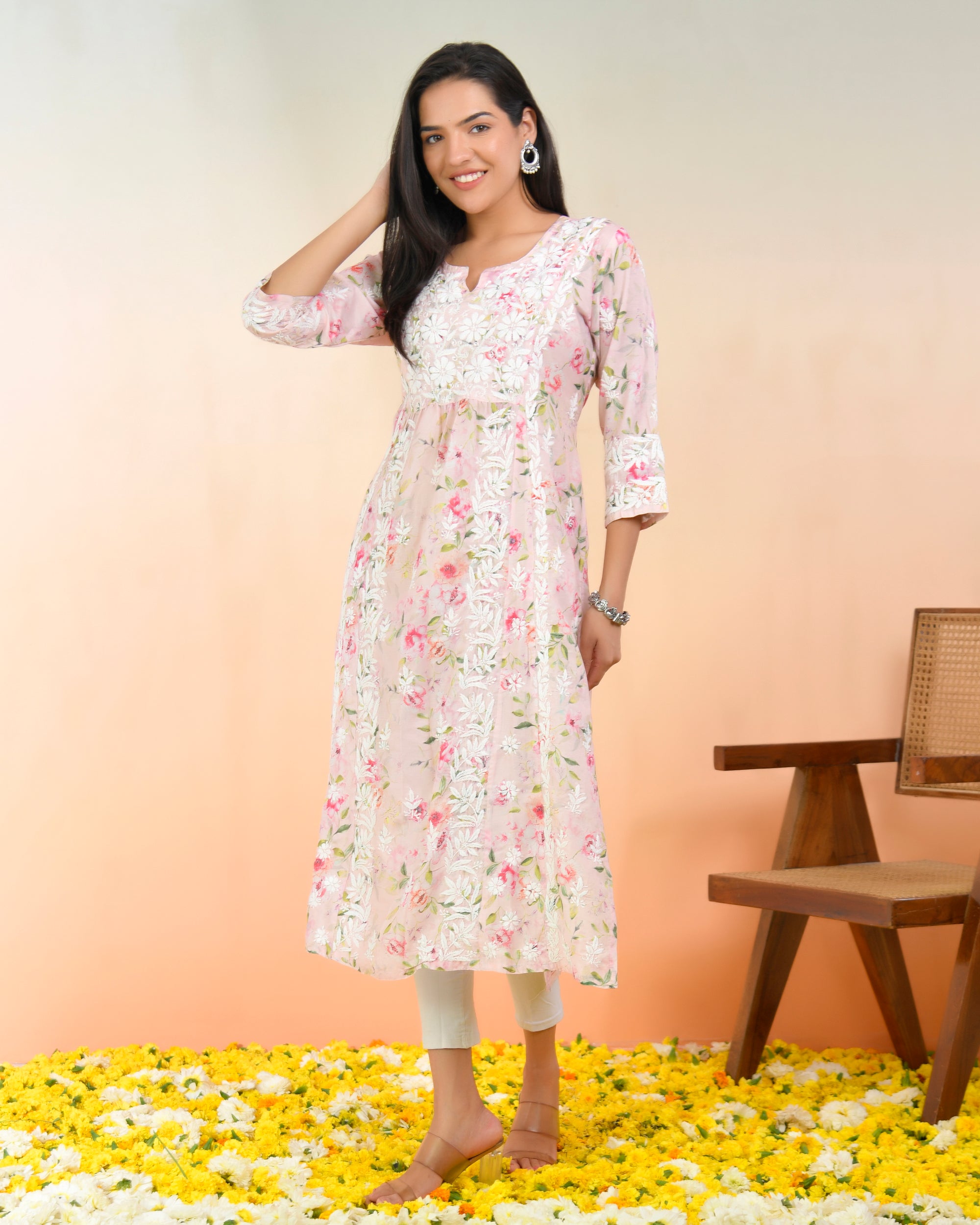 Chikankari Long Kurta in Muslin Cotton for Women- Pink Print